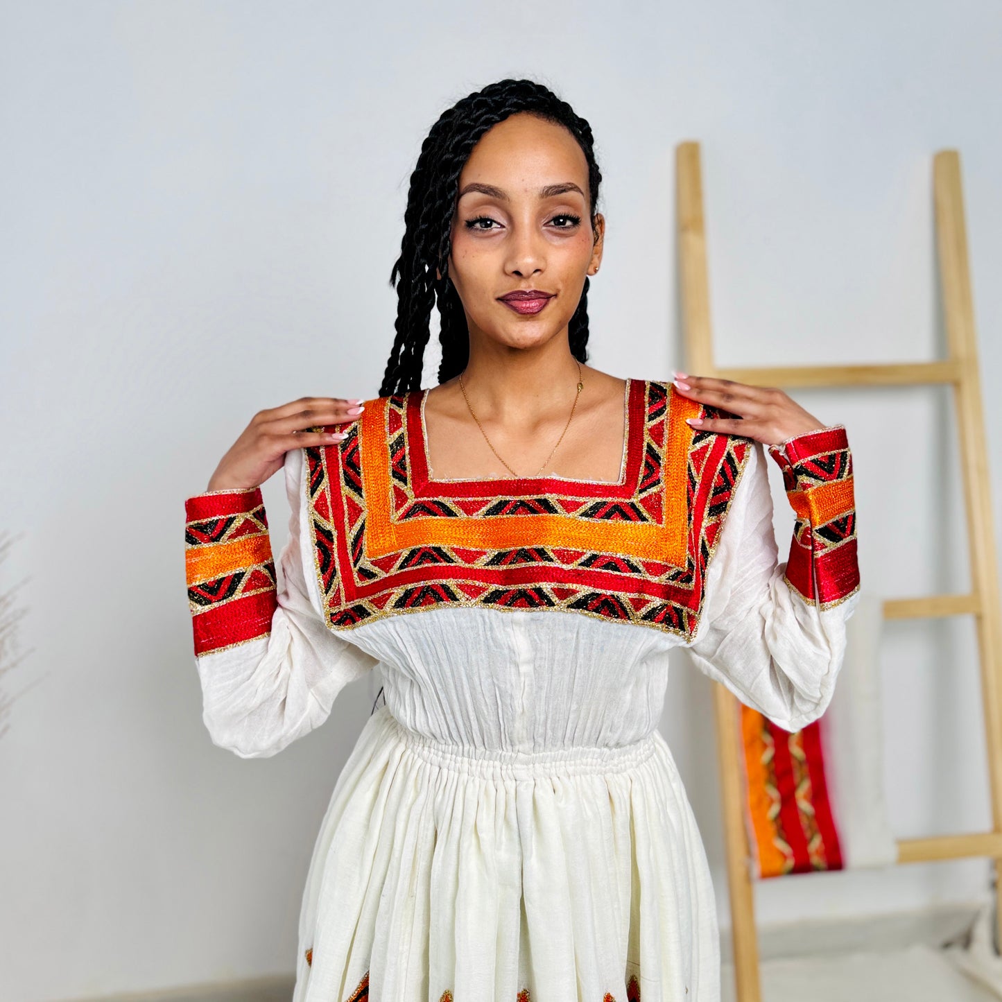 Habesha Dress | Vibrant Red & Orange Design | Cultural Celebrations & Special Events | Handwoven Elegance | Ethiopia Dress Hab106