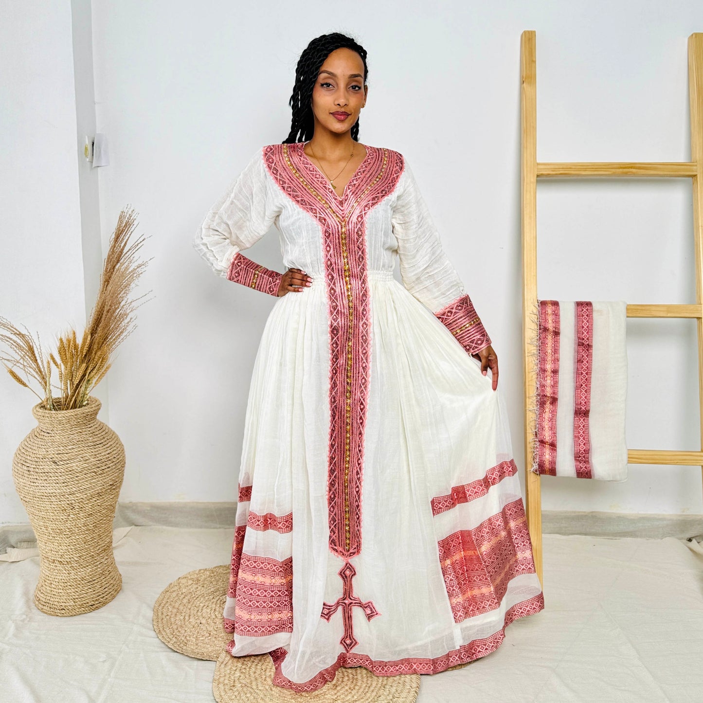 Ethiopian Dress | Elegant Design Dress | Weddings & Special Events | Pink Design with Intricate Beadwork | Habesha Dress Hab113