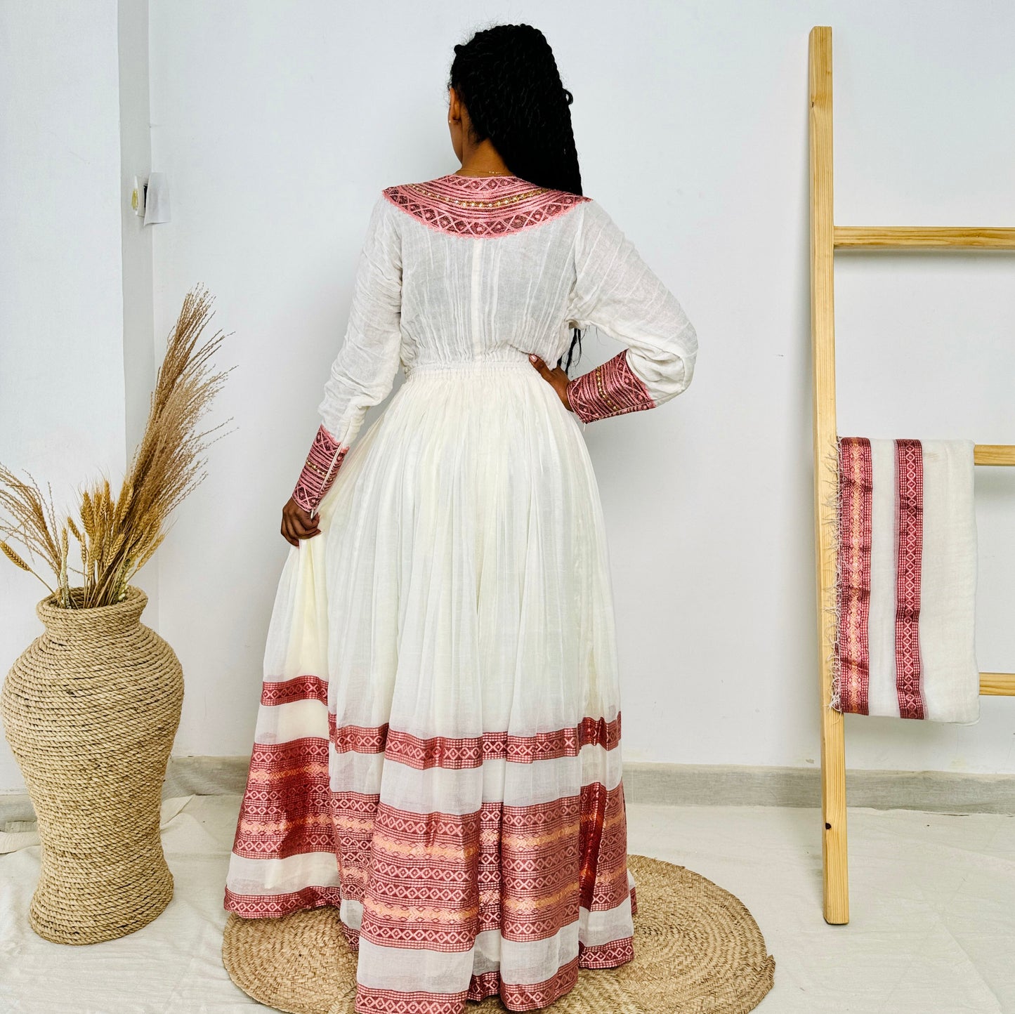 Ethiopian Dress | Elegant Design Dress | Weddings & Special Events | Pink Design with Intricate Beadwork | Habesha Dress Hab113