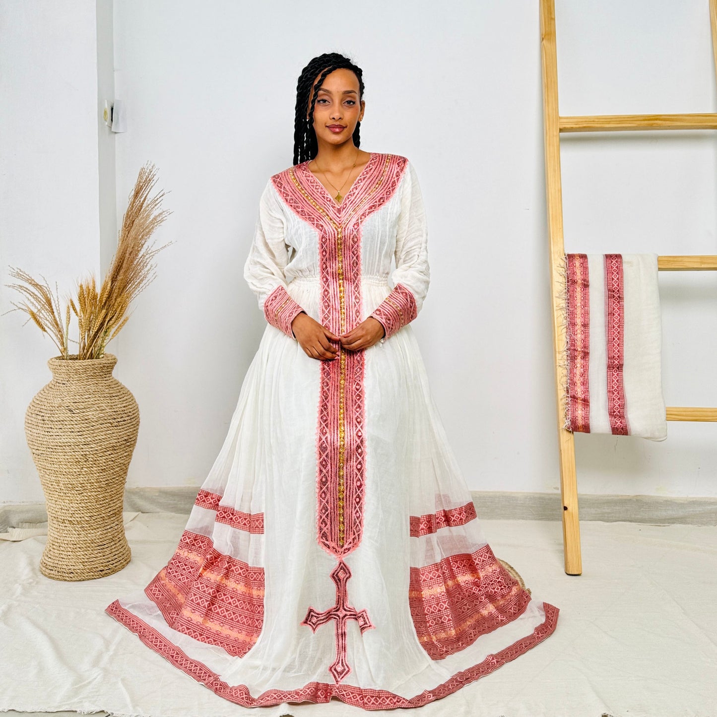 Ethiopian Dress | Elegant Design Dress | Weddings & Special Events | Pink Design with Intricate Beadwork | Habesha Dress Hab113