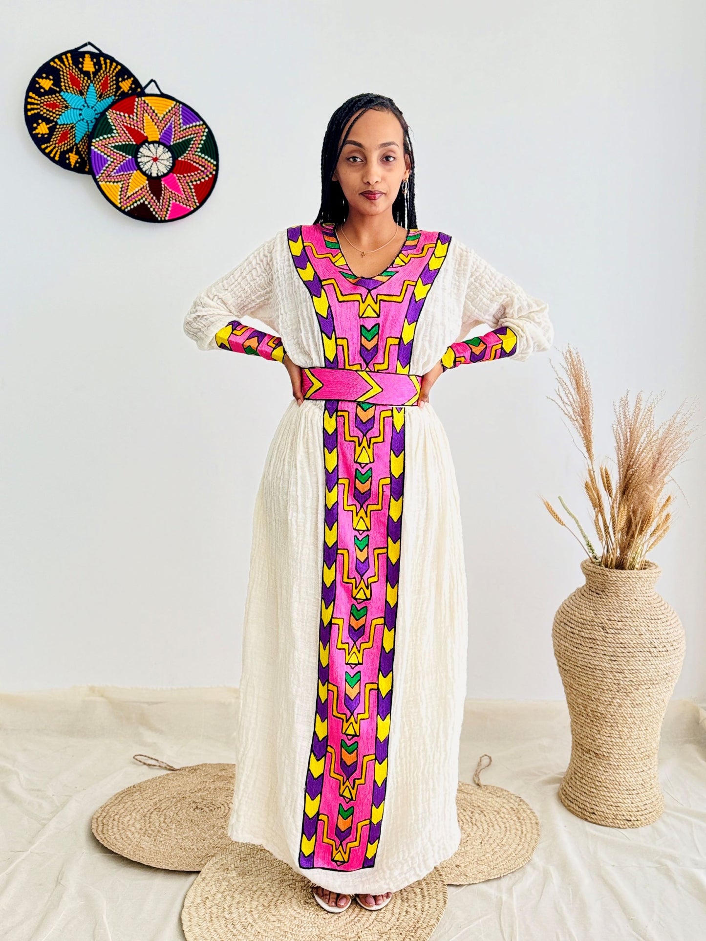 Traditional Ethiopian Habesha Dress | Handwoven Cotton | Bright Front Embroidery | Relaxed Flowy Fit | Handmade Cultural Clothing | Hab192