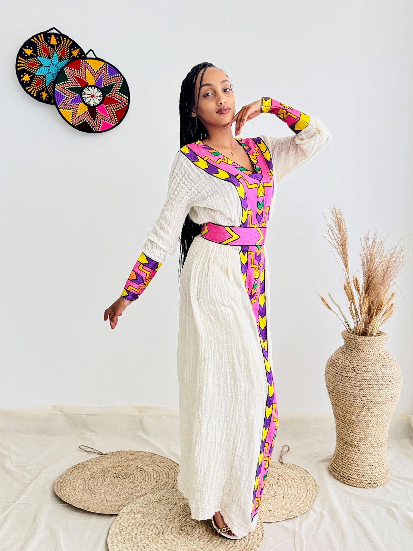 Traditional Ethiopian Habesha Dress | Handwoven Cotton | Bright Front Embroidery | Relaxed Flowy Fit | Handmade Cultural Clothing | Hab192