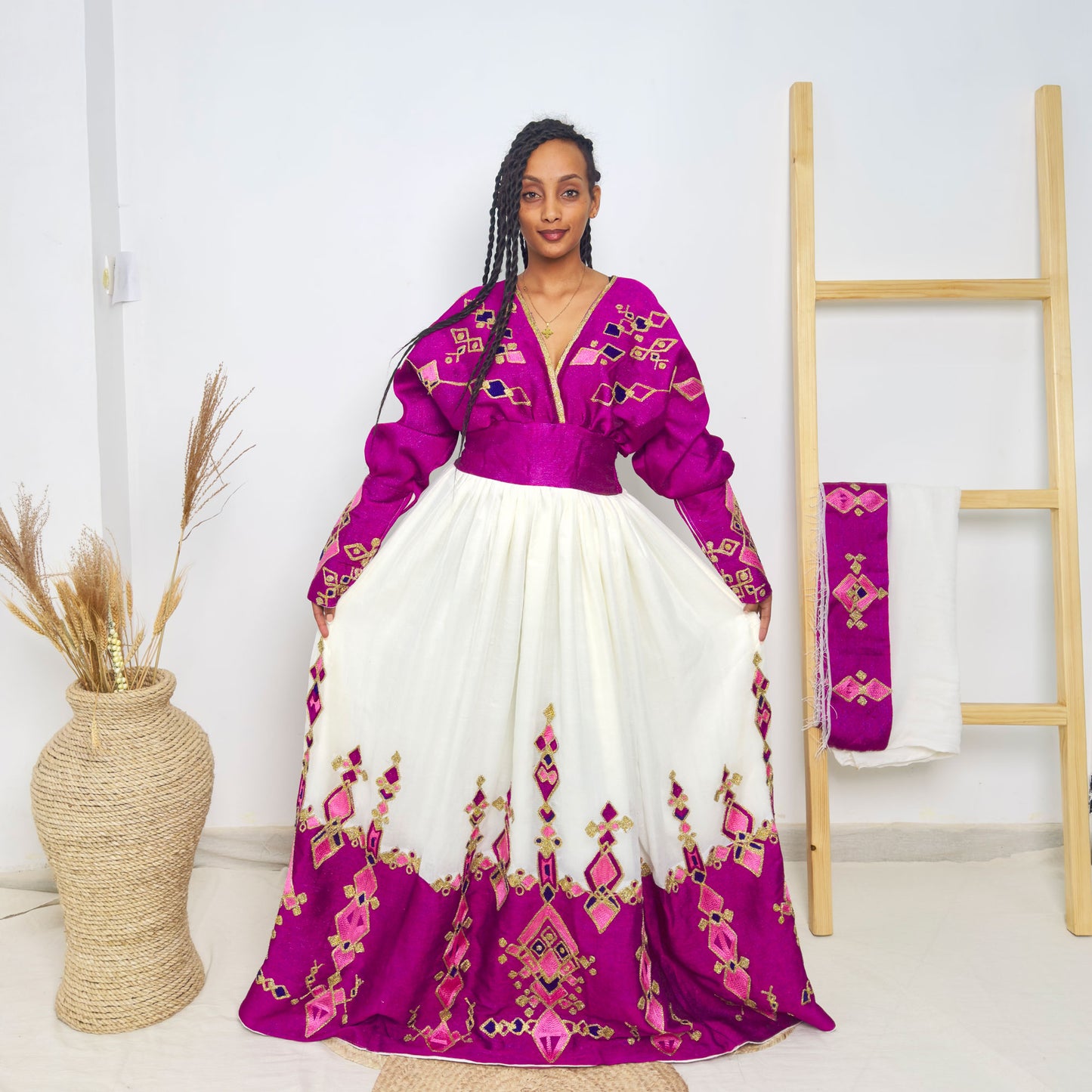 Habesha Kemis | Vibrant Purple Embroidery | Habesha Wedding Dress | Handcrafted Elegance Hab63