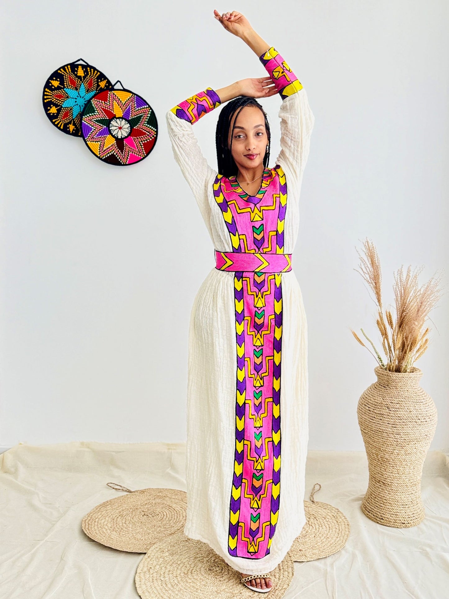 Traditional Ethiopian Habesha Dress | Handwoven Cotton | Bright Front Embroidery | Relaxed Flowy Fit | Handmade Cultural Clothing | Hab192