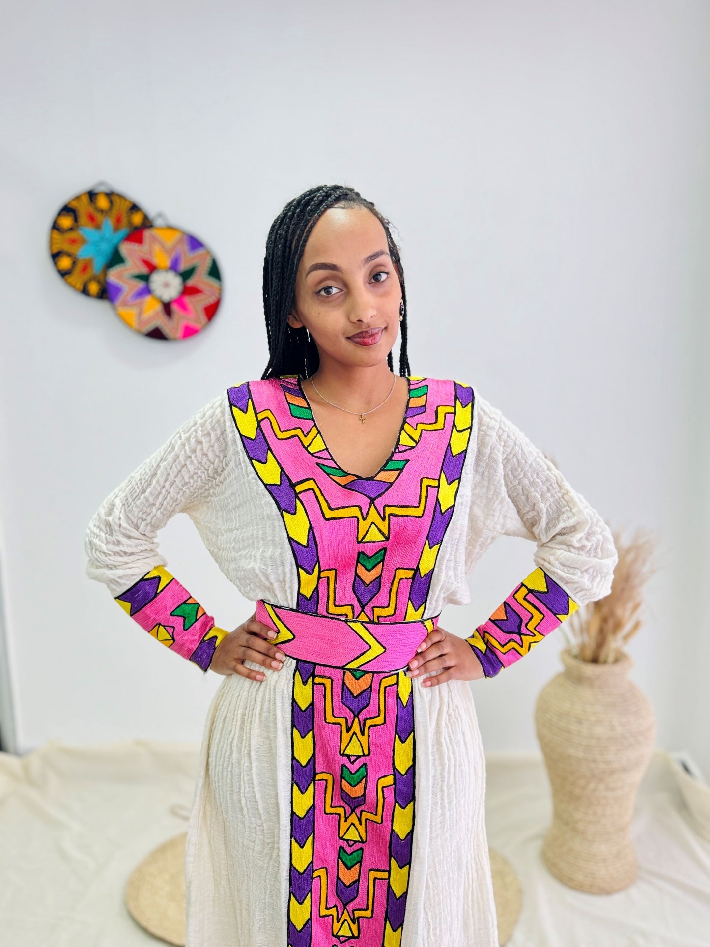 Traditional Ethiopian Habesha Dress | Handwoven Cotton | Bright Front Embroidery | Relaxed Flowy Fit | Handmade Cultural Clothing | Hab192