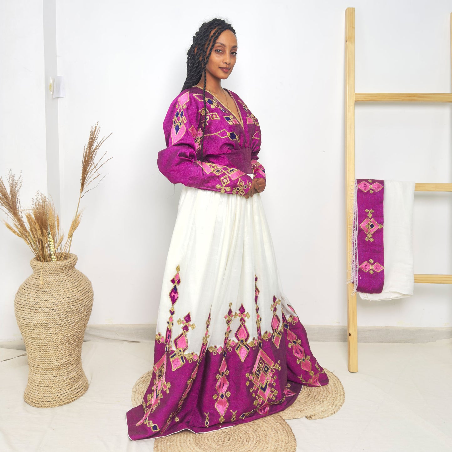 Habesha Kemis | Vibrant Purple Embroidery | Habesha Wedding Dress | Handcrafted Elegance Hab63