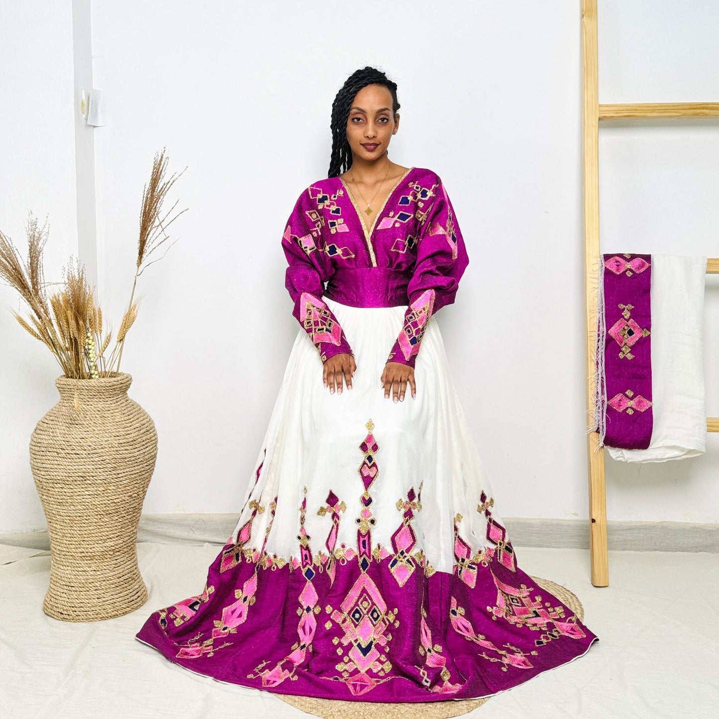 Habesha Kemis | Vibrant Purple Embroidery | Habesha Wedding Dress | Handcrafted Elegance Hab63