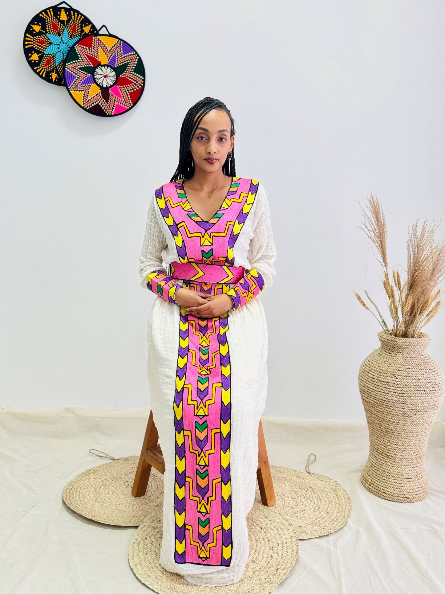 Traditional Ethiopian Habesha Dress | Handwoven Cotton | Bright Front Embroidery | Relaxed Flowy Fit | Handmade Cultural Clothing | Hab192