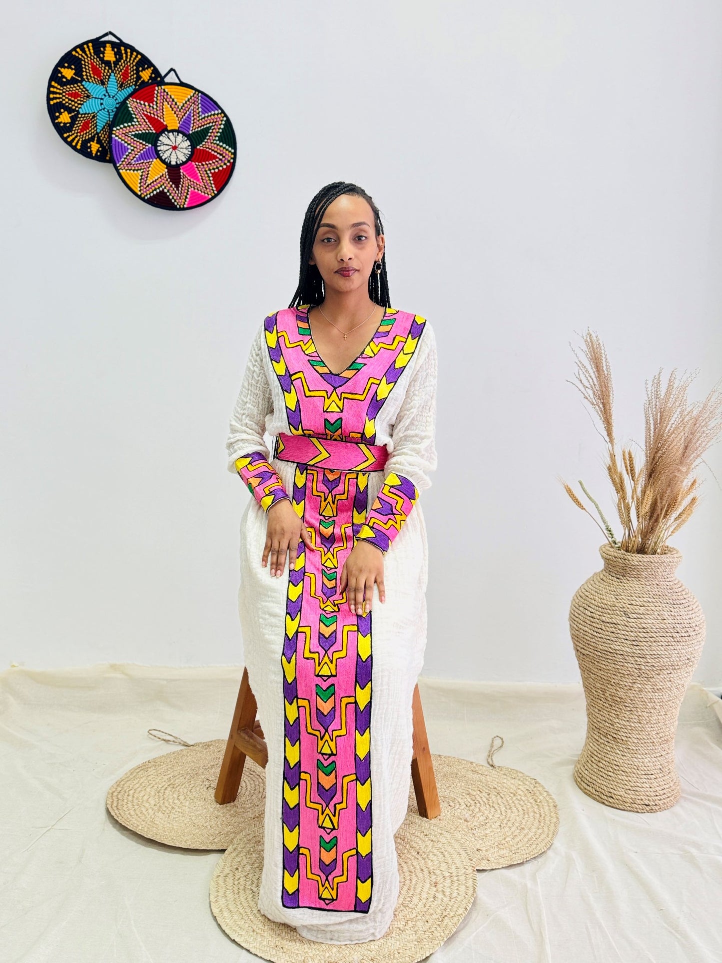 Traditional Ethiopian Habesha Dress | Handwoven Cotton | Bright Front Embroidery | Relaxed Flowy Fit | Handmade Cultural Clothing | Hab192