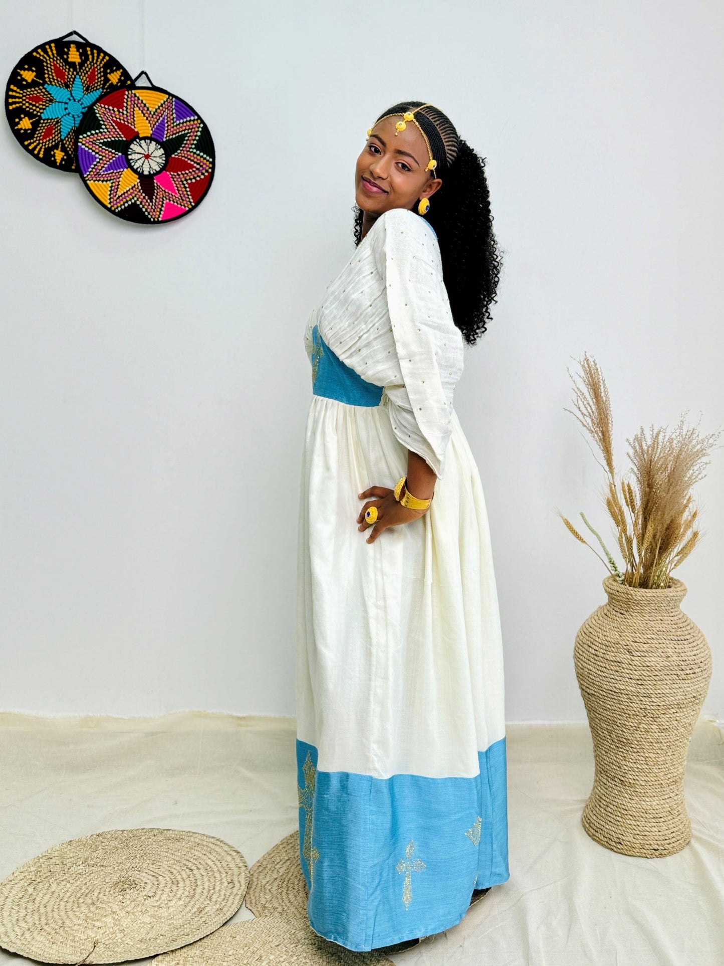 Traditional Ethiopian Habesha Dress | White & Sky Blue Handwoven Kemis with Gold Cross Motif | Elegant Fit with Tilet Detail Hab219