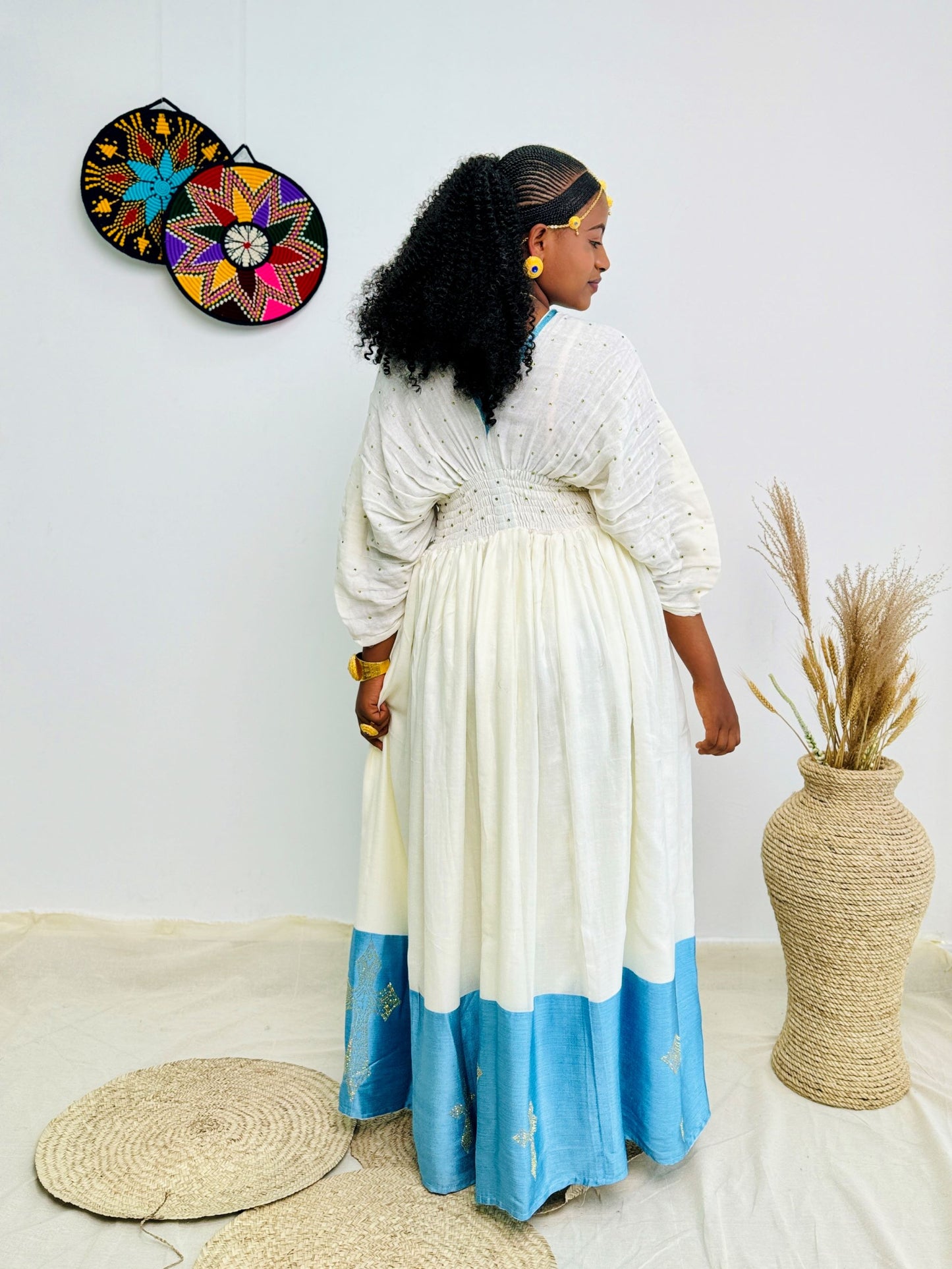 Traditional Ethiopian Habesha Dress | White & Sky Blue Handwoven Kemis with Gold Cross Motif | Elegant Fit with Tilet Detail Hab219