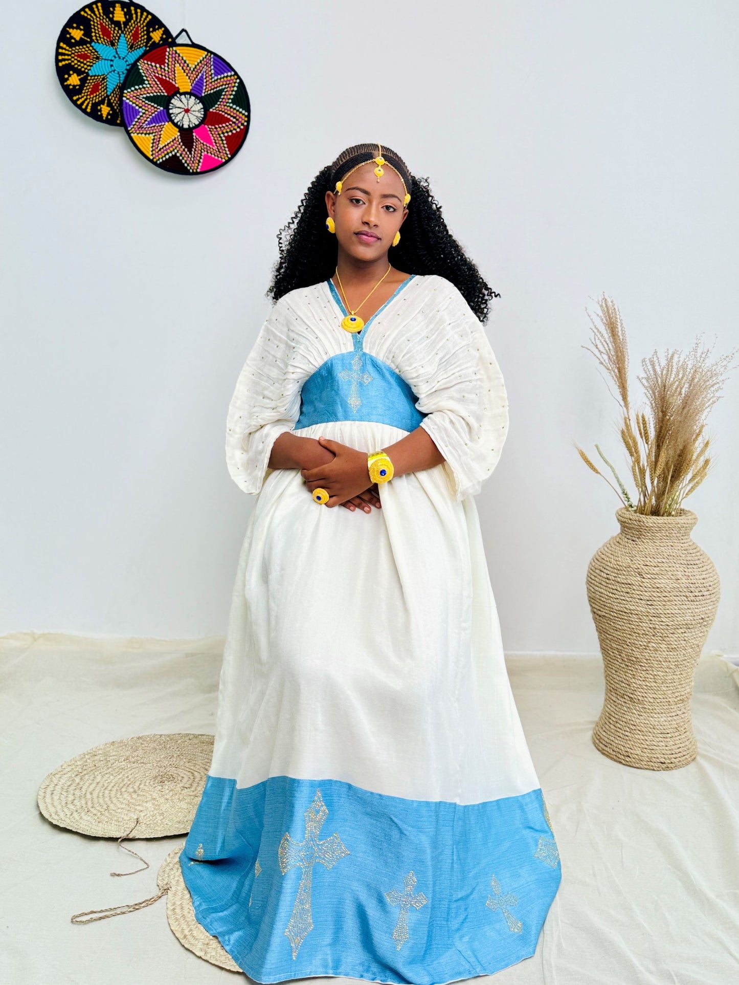 Traditional Ethiopian Habesha Dress | White & Sky Blue Handwoven Kemis with Gold Cross Motif | Elegant Fit with Tilet Detail Hab219