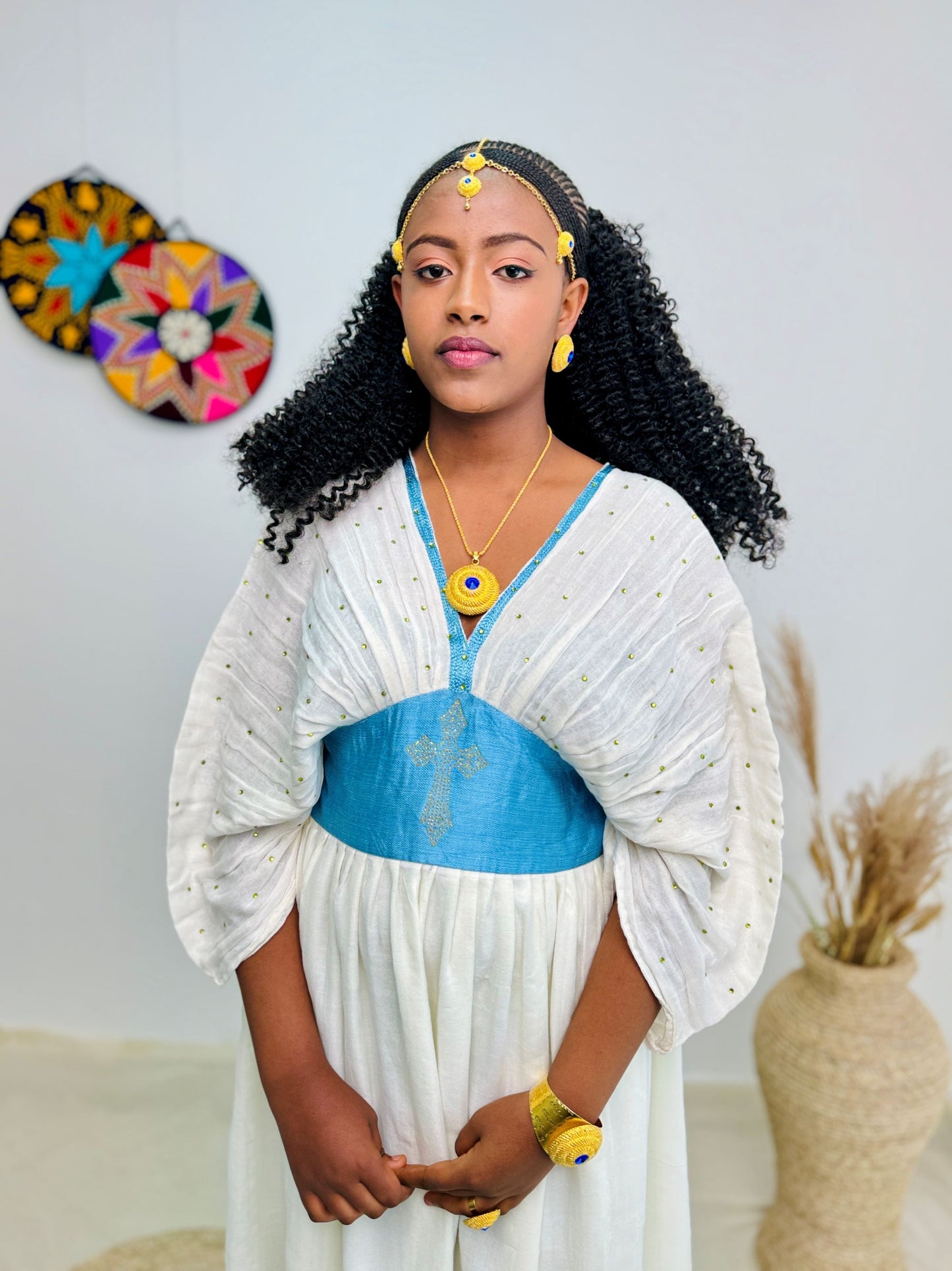 Traditional Ethiopian Habesha Dress | White & Sky Blue Handwoven Kemis with Gold Cross Motif | Elegant Fit with Tilet Detail Hab219