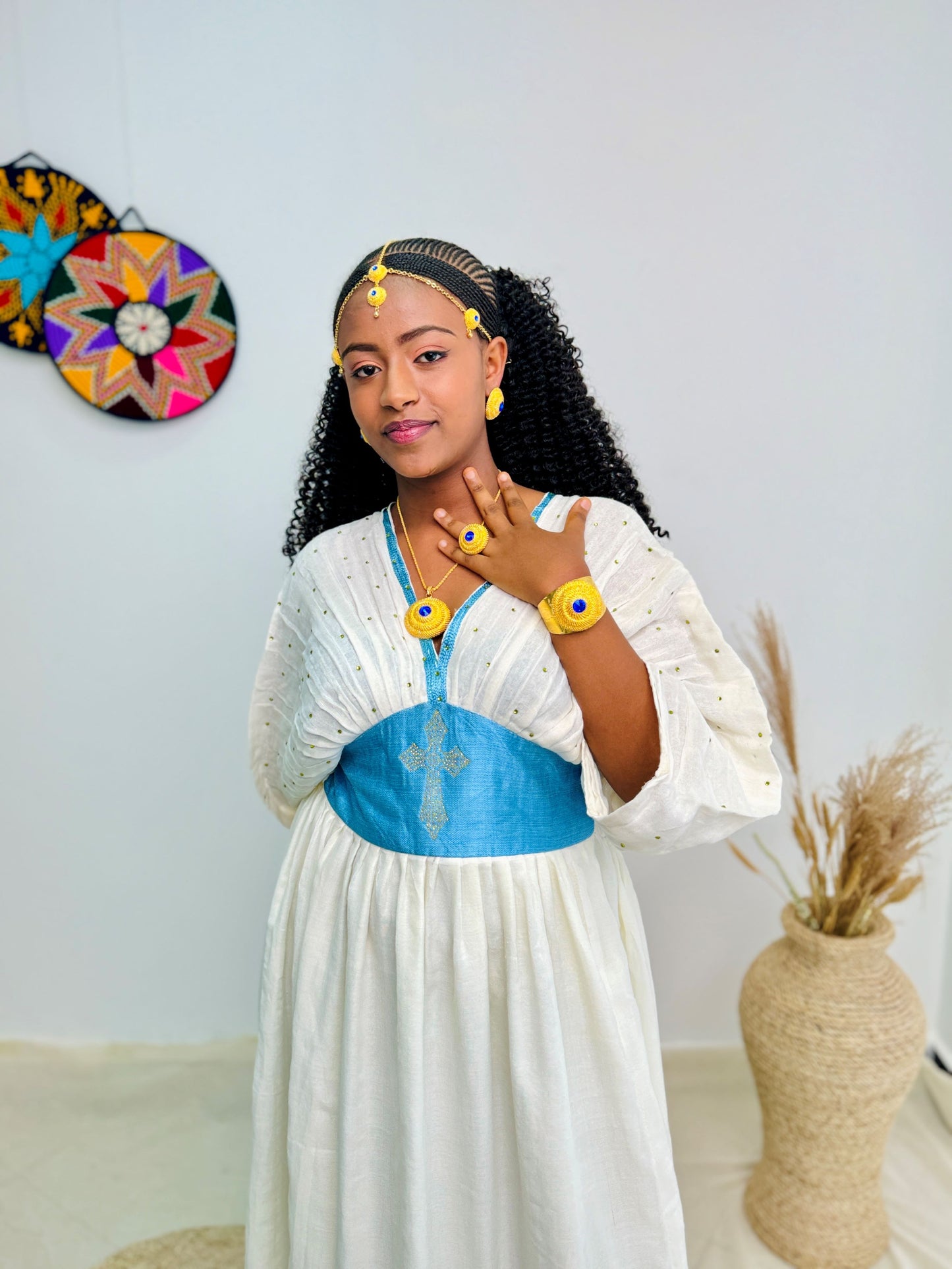 Traditional Ethiopian Habesha Dress | White & Sky Blue Handwoven Kemis with Gold Cross Motif | Elegant Fit with Tilet Detail Hab219