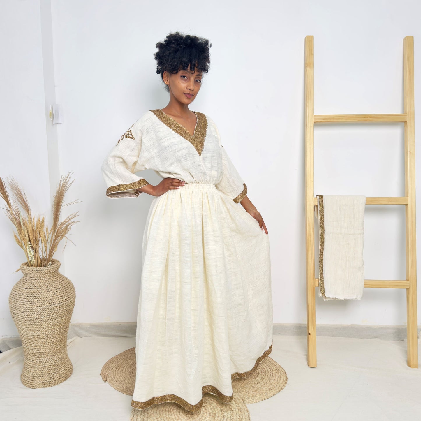 Traditional Ethiopian Habesha Dress | Handwoven Cotton | Golden Cross Tilet Embroidery | Modest Fit Hab238