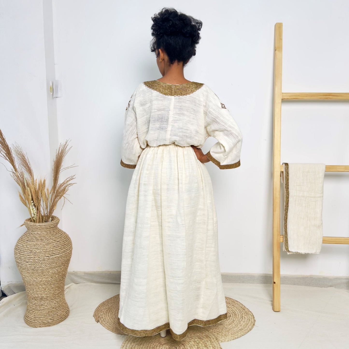 Traditional Ethiopian Habesha Dress | Handwoven Cotton | Golden Cross Tilet Embroidery | Modest Fit Hab238