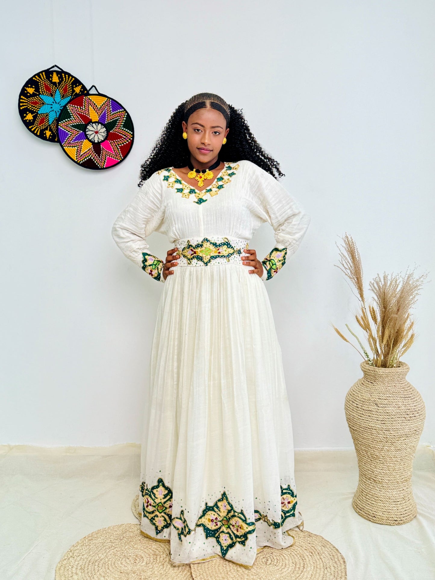 Ethiopian Handwoven White Dress | Green & Gold Tibeb Embroidery | Timeless Habesha Kemis Hab211