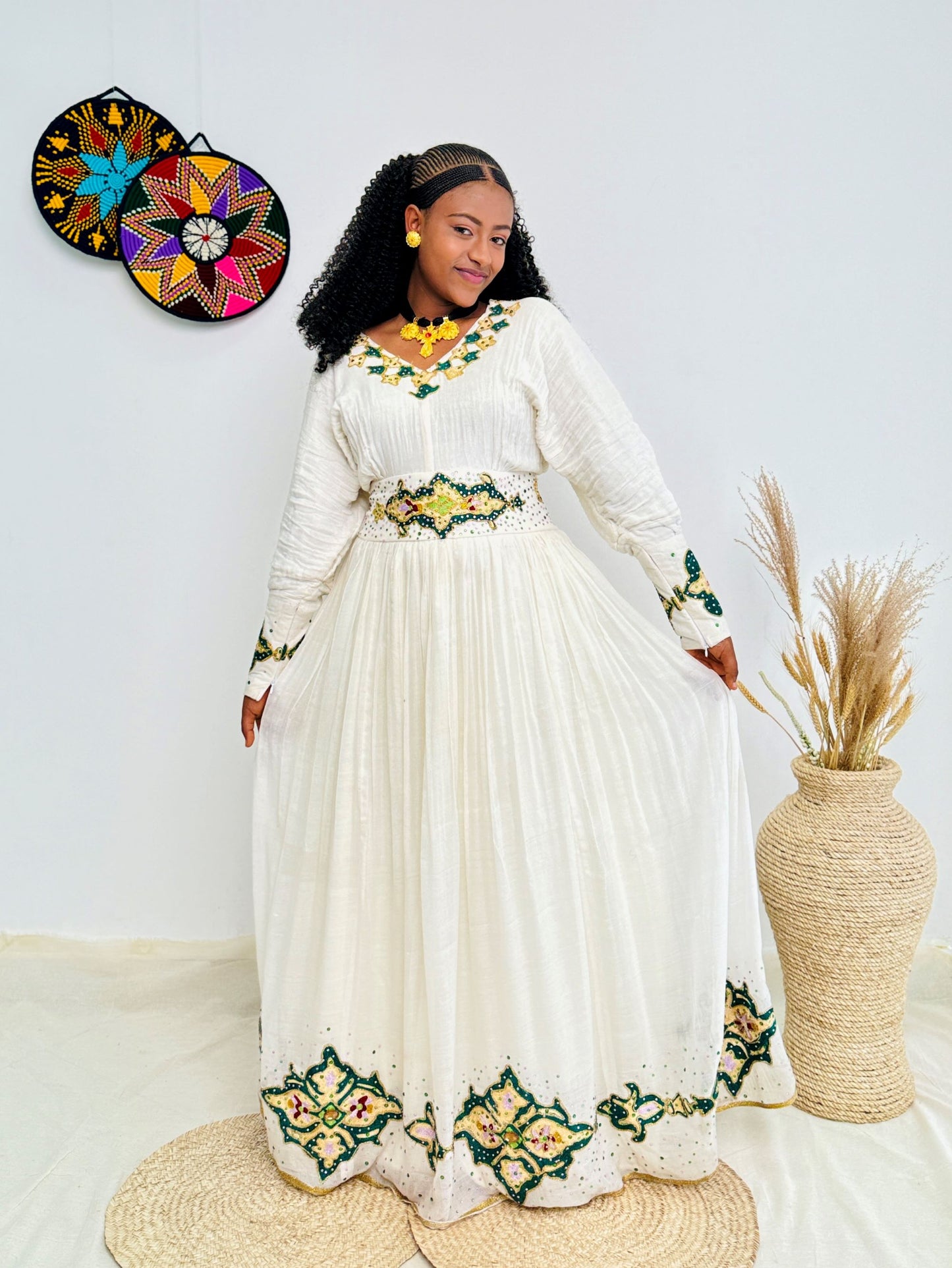 Ethiopian Handwoven White Dress | Green & Gold Tibeb Embroidery | Timeless Habesha Kemis Hab211