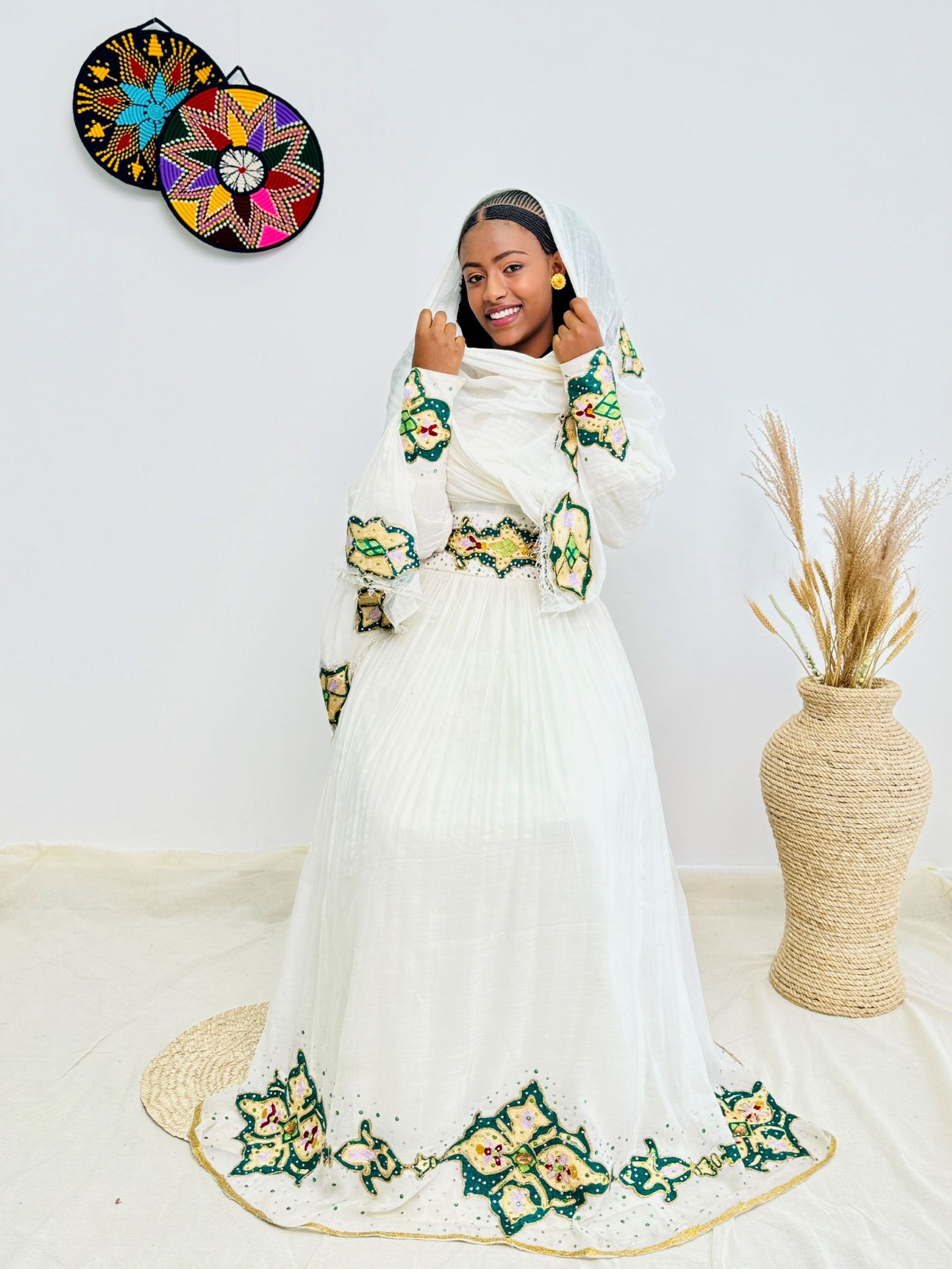 Ethiopian Handwoven White Dress | Green & Gold Tibeb Embroidery | Timeless Habesha Kemis Hab211