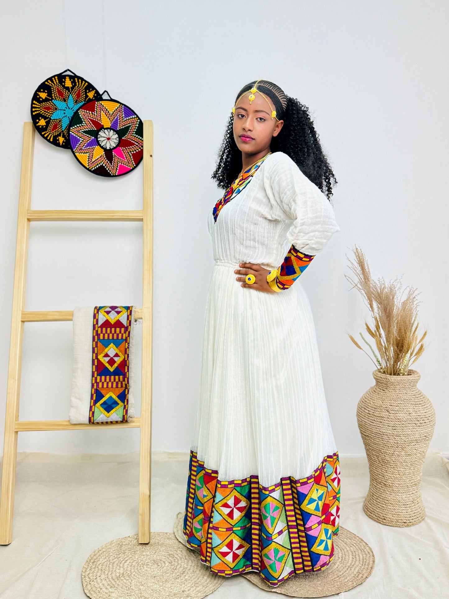 Ethiopian Dress | Colorful Embroidery Design | Weddings Cultural Gatherings | Vibrant Handcrafted Patterns Hab77