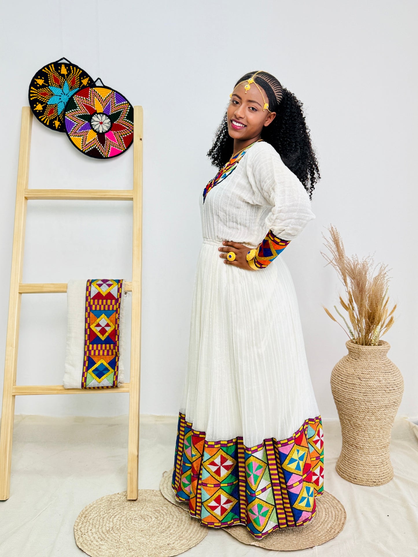 Ethiopian Dress | Colorful Embroidery Design | Weddings Cultural Gatherings | Vibrant Handcrafted Patterns Hab77