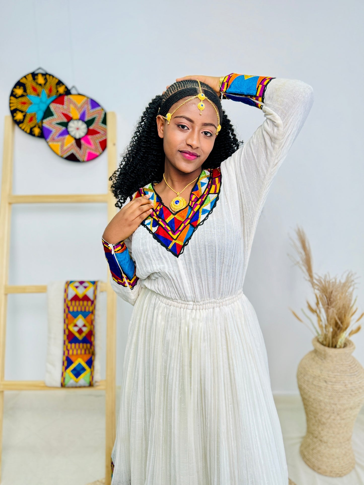 Ethiopian Dress | Colorful Embroidery Design | Weddings Cultural Gatherings | Vibrant Handcrafted Patterns Hab77