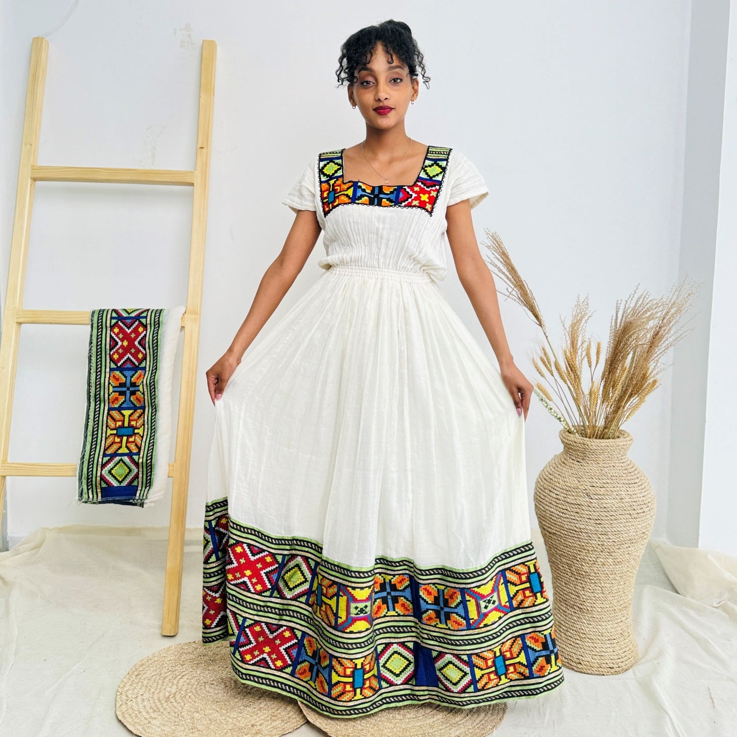 Traditional Ethiopian Habesha Dress | Handwoven Cotton | Colorful Geometric Tibeb | Square Neck | Flowy Fit | Hab241