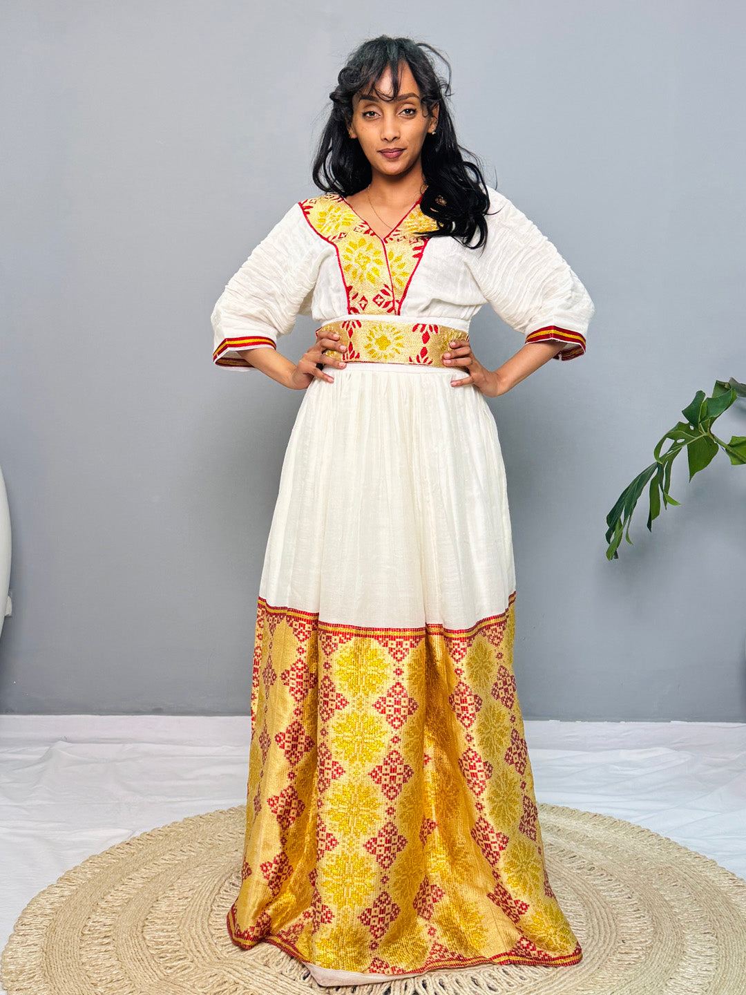 Ethiopian Habesha Kemis Dress | Handwoven Wedding Gown | Eritrean Cultural Attire | Yellow & Red Embroidered Cotton Dress | Handmade Hab186