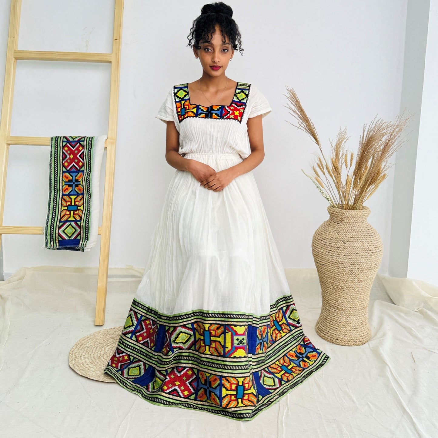 Traditional Ethiopian Habesha Dress | Handwoven Cotton | Colorful Geometric Tibeb | Square Neck | Flowy Fit | Hab241