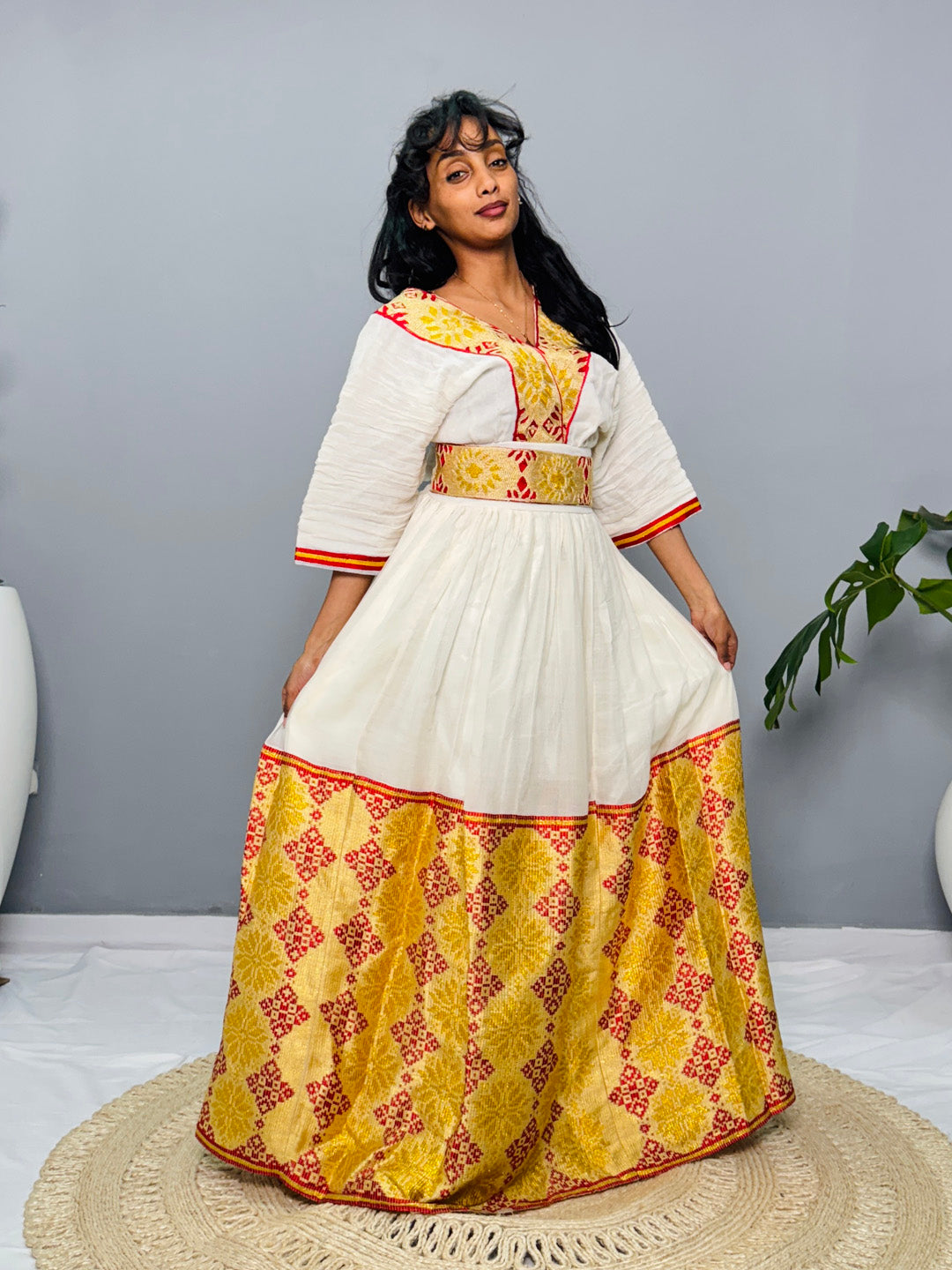 Ethiopian Habesha Kemis Dress | Handwoven Wedding Gown | Eritrean Cultural Attire | Yellow & Red Embroidered Cotton Dress | Handmade Hab186