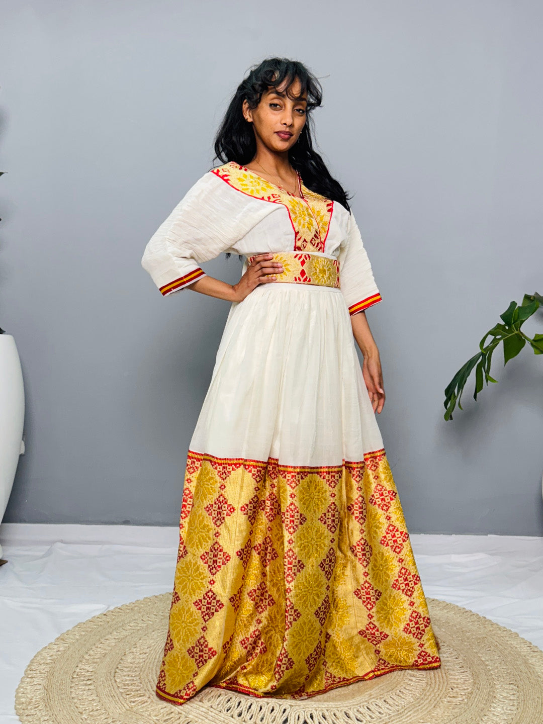 Ethiopian Habesha Kemis Dress | Handwoven Wedding Gown | Eritrean Cultural Attire | Yellow & Red Embroidered Cotton Dress | Handmade Hab186