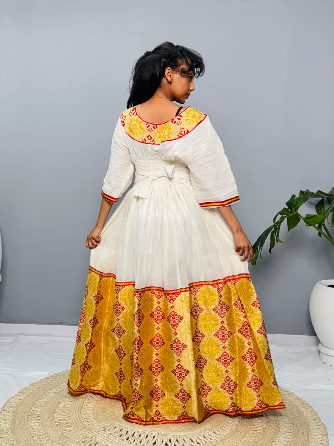 Ethiopian Habesha Kemis Dress | Handwoven Wedding Gown | Eritrean Cultural Attire | Yellow & Red Embroidered Cotton Dress | Handmade Hab186