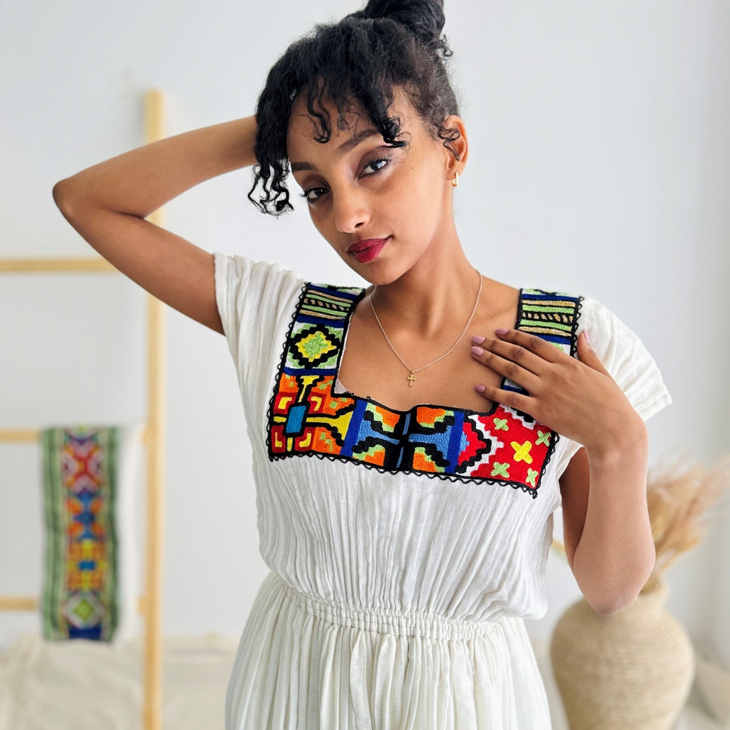 Traditional Ethiopian Habesha Dress | Handwoven Cotton | Colorful Geometric Tibeb | Square Neck | Flowy Fit | Hab241