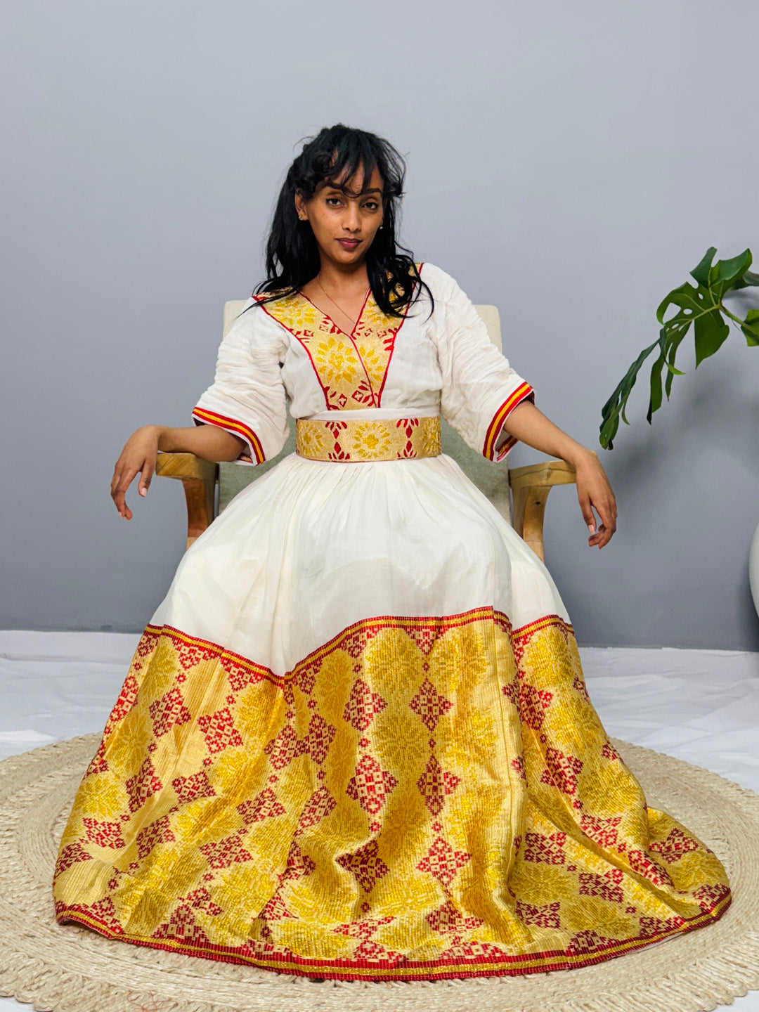 Ethiopian Habesha Kemis Dress | Handwoven Wedding Gown | Eritrean Cultural Attire | Yellow & Red Embroidered Cotton Dress | Handmade Hab186