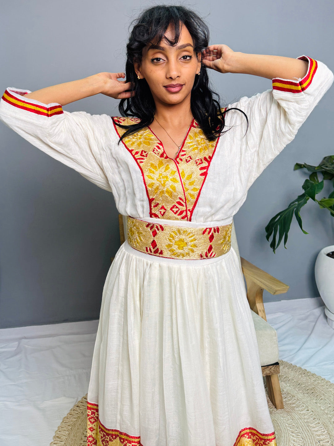 Ethiopian Habesha Kemis Dress | Handwoven Wedding Gown | Eritrean Cultural Attire | Yellow & Red Embroidered Cotton Dress | Handmade Hab186