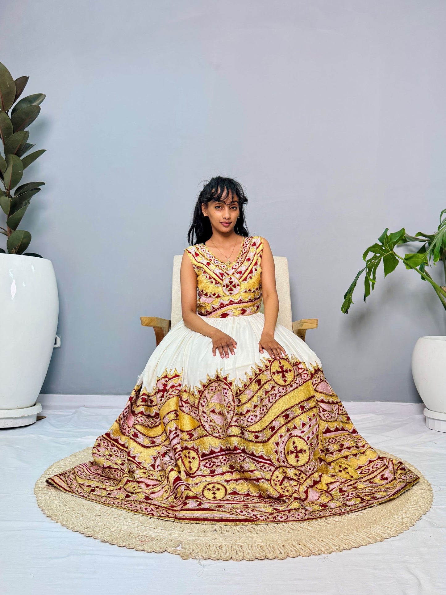 Habesha Wedding Dress | Sleeveless & Gold Embroidered | Bridal Elegance | Handwoven Ethiopian Dress | Ethiopian Dress Hab129