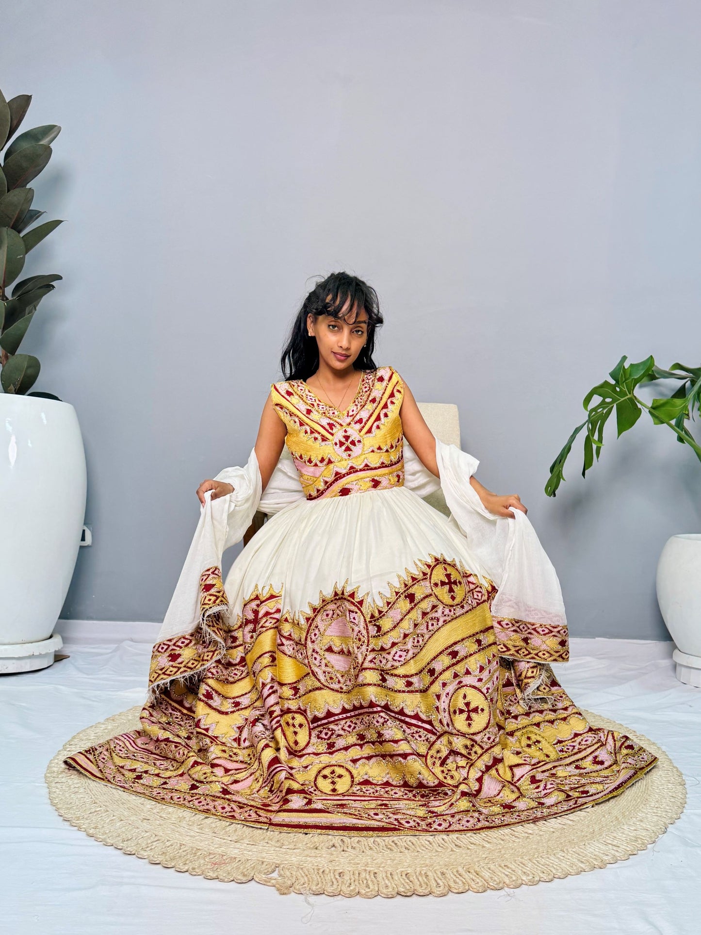 Habesha Wedding Dress | Sleeveless & Gold Embroidered | Bridal Elegance | Handwoven Ethiopian Dress | Ethiopian Dress Hab129
