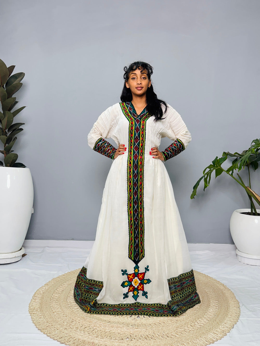 Ethiopian Handwoven Habesha Dress | Diamond Tibeb Embroidery | Long Sleeve White Menen Kemis Hab216