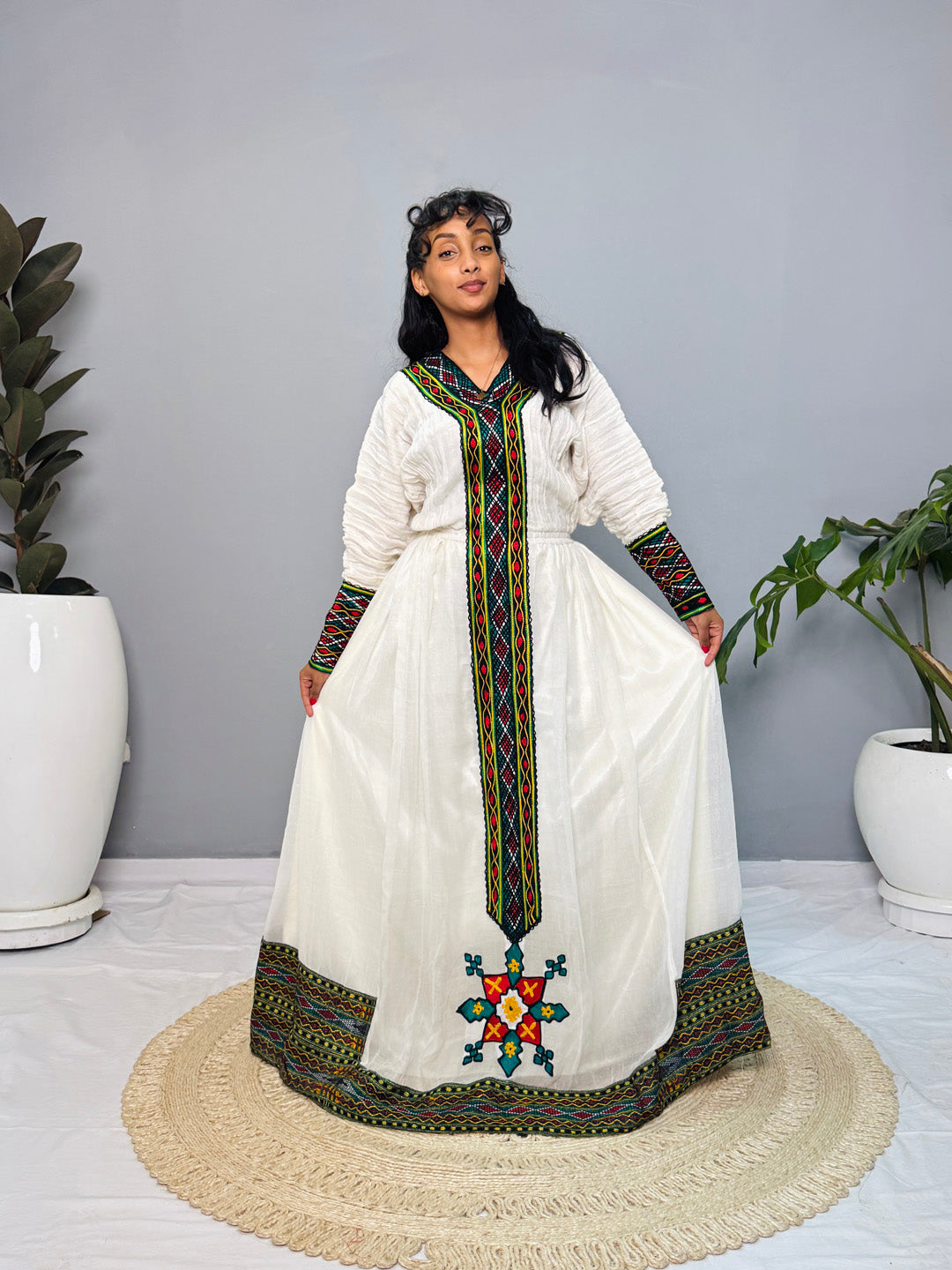 Ethiopian Handwoven Habesha Dress | Diamond Tibeb Embroidery | Long Sleeve White Menen Kemis Hab216