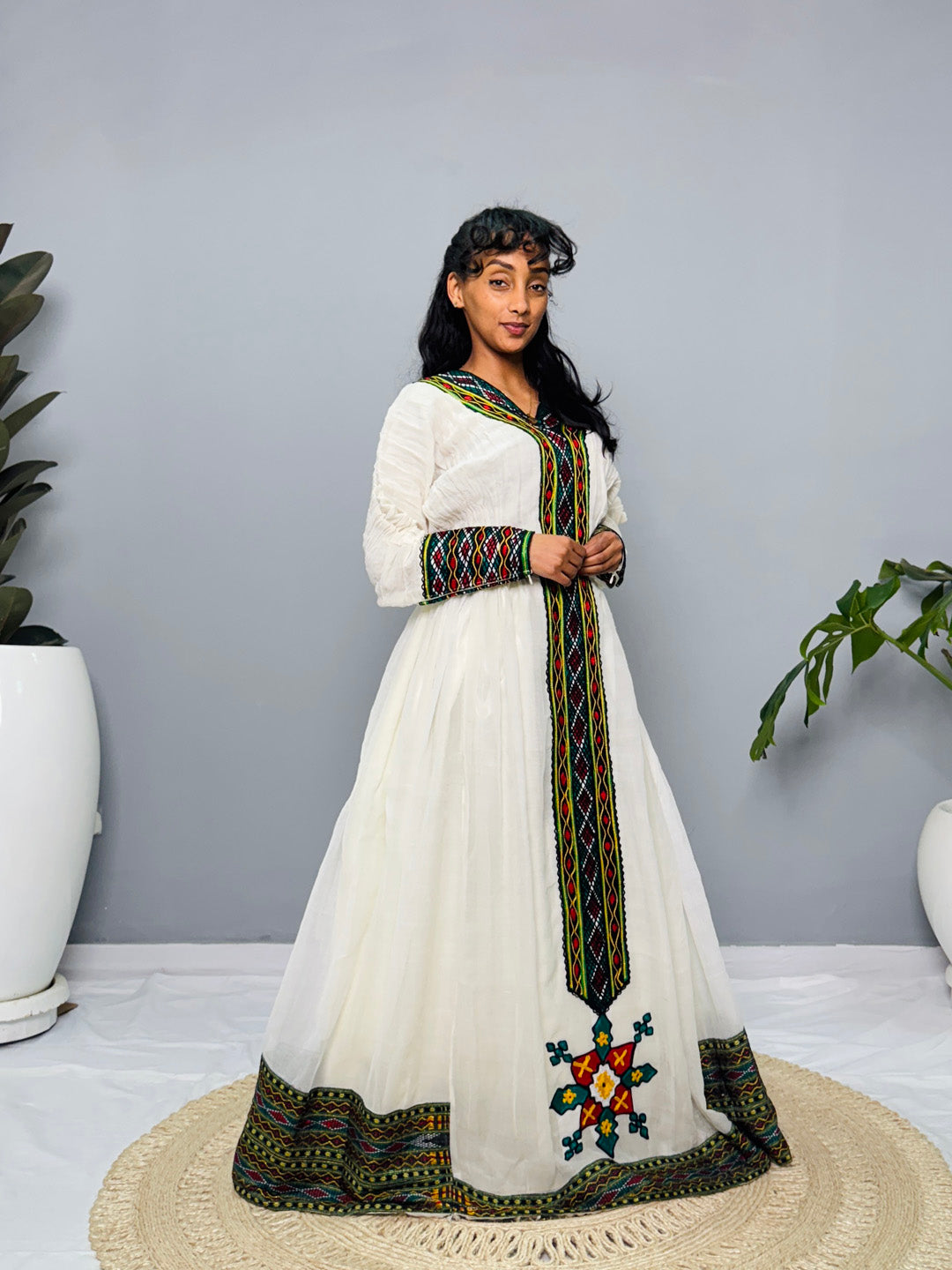 Ethiopian Handwoven Habesha Dress | Diamond Tibeb Embroidery | Long Sleeve White Menen Kemis Hab216