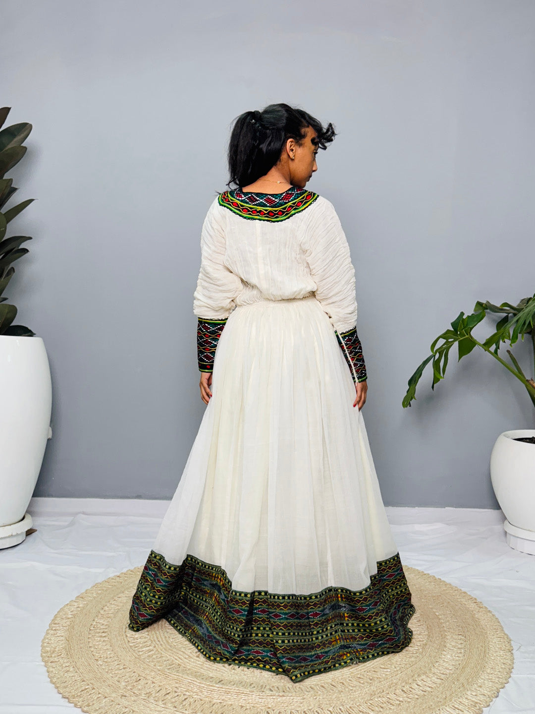 Ethiopian Handwoven Habesha Dress | Diamond Tibeb Embroidery | Long Sleeve White Menen Kemis Hab216