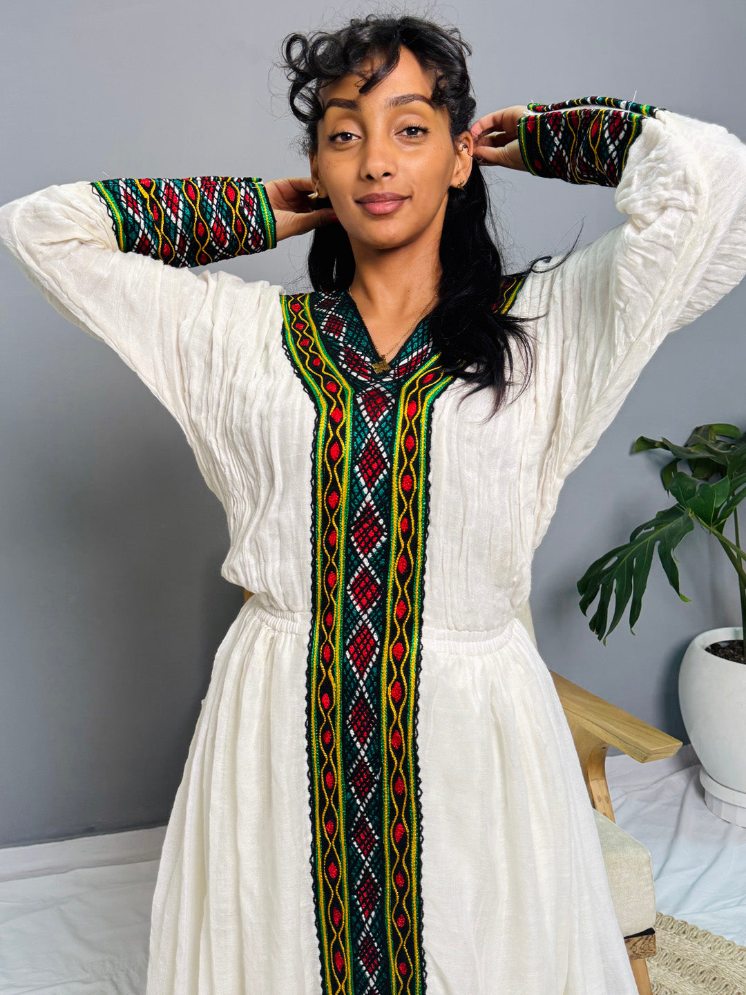 Ethiopian Handwoven Habesha Dress | Diamond Tibeb Embroidery | Long Sleeve White Menen Kemis Hab216