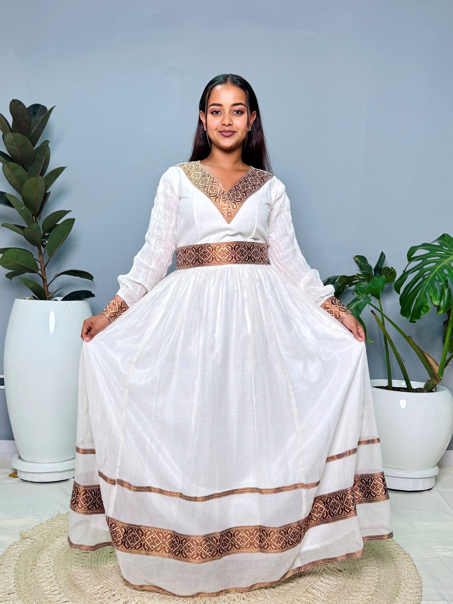 Ethiopian Handwoven White Dress | Elegant Brown & Gold Tibeb Embroidery | Timeless Habesha Kemis Hab150