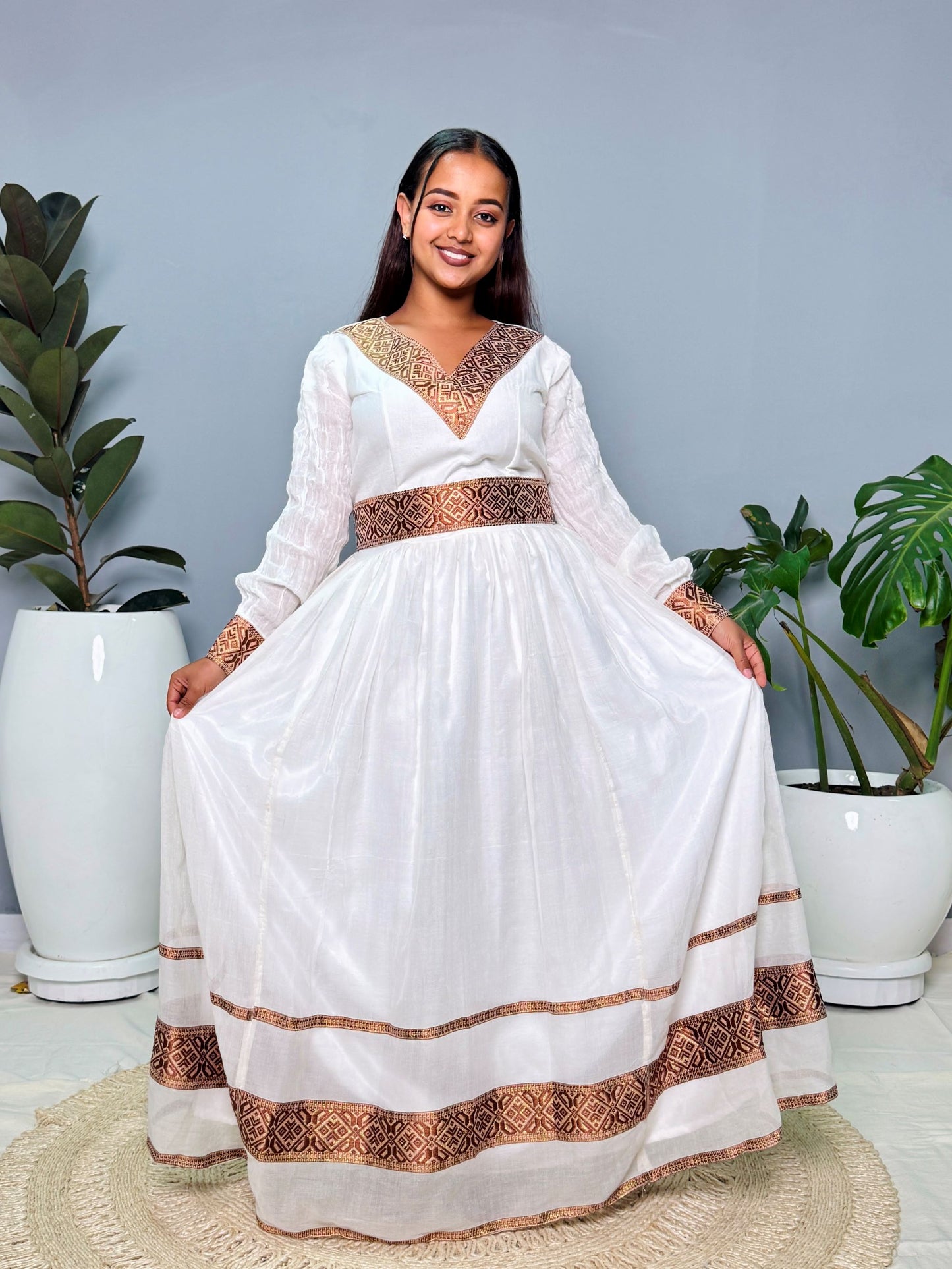Ethiopian Handwoven White Dress | Elegant Brown & Gold Tibeb Embroidery | Timeless Habesha Kemis