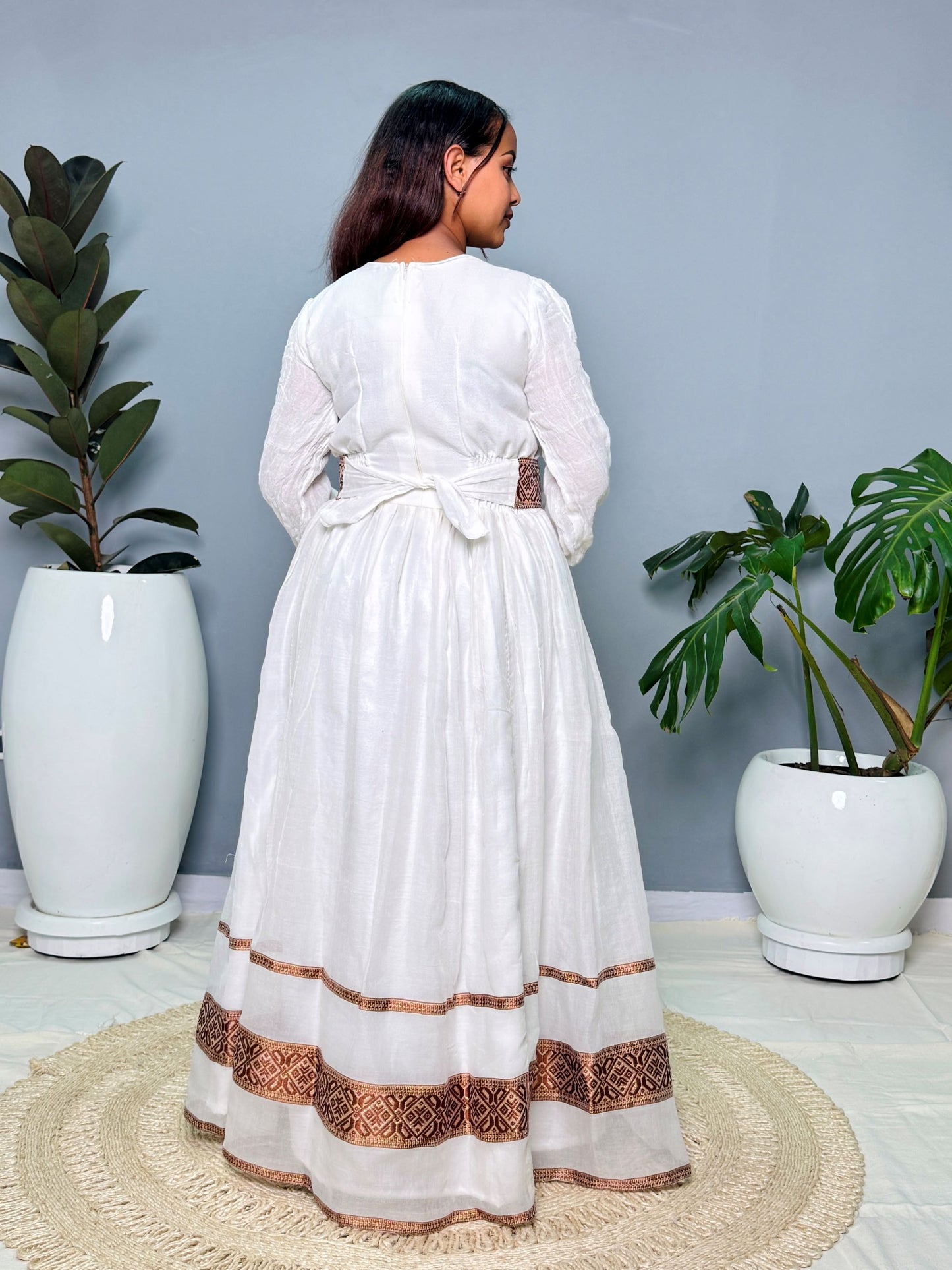 Ethiopian Handwoven White Dress | Elegant Brown & Gold Tibeb Embroidery | Timeless Habesha Kemis Hab150
