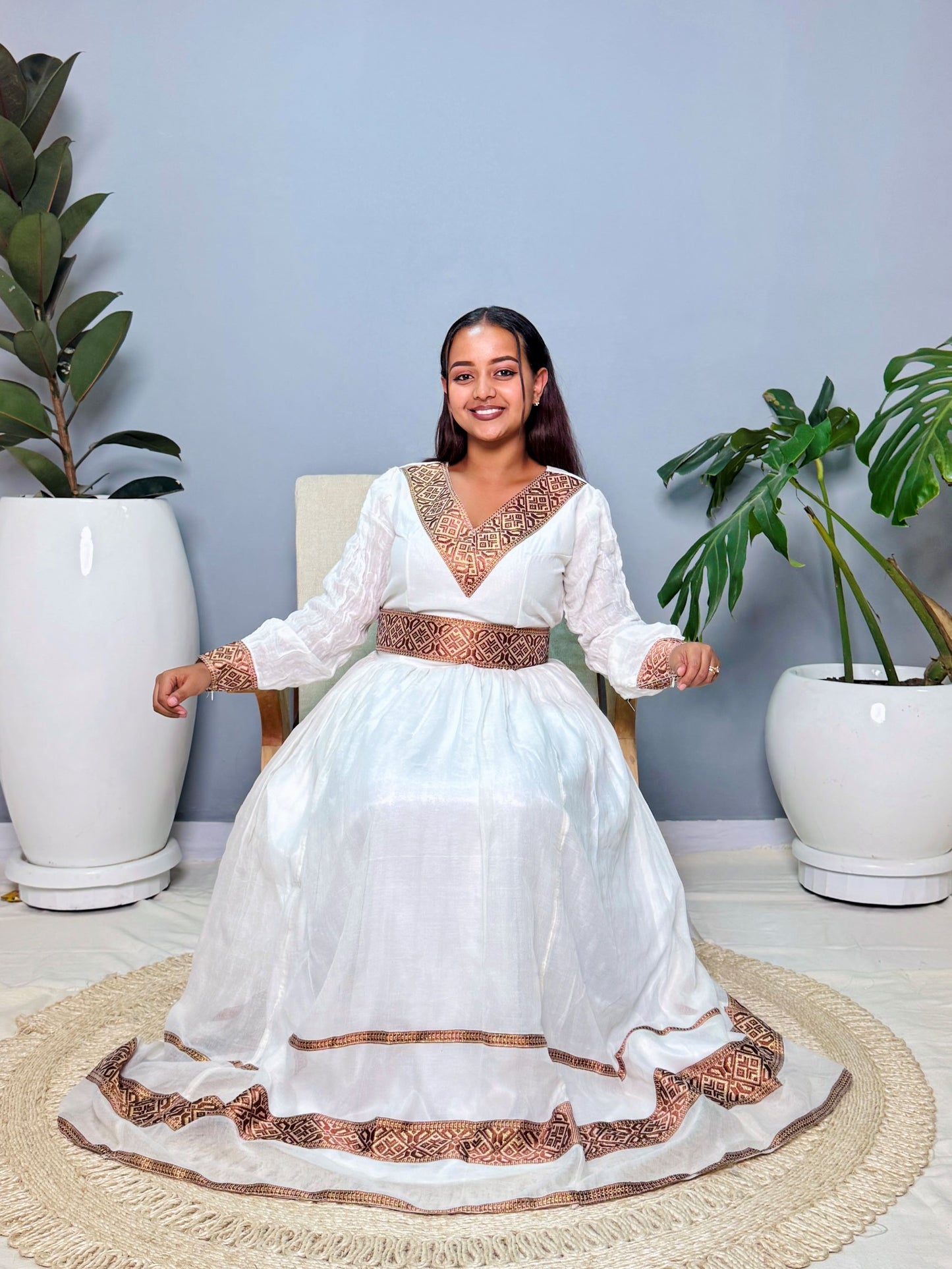 Ethiopian Handwoven White Dress | Elegant Brown & Gold Tibeb Embroidery | Timeless Habesha Kemis Hab150