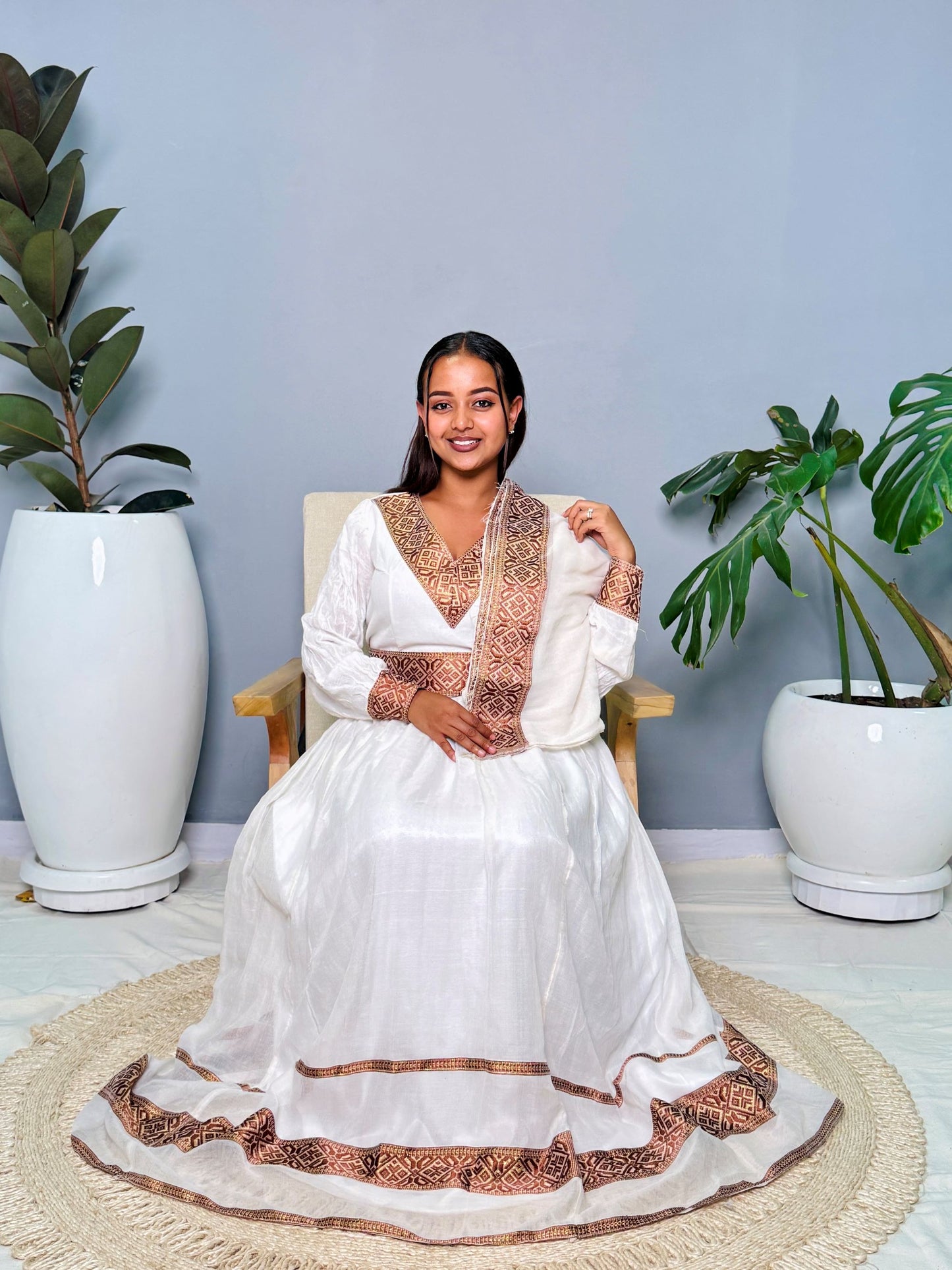 Ethiopian Handwoven White Dress | Elegant Brown & Gold Tibeb Embroidery | Timeless Habesha Kemis Hab150