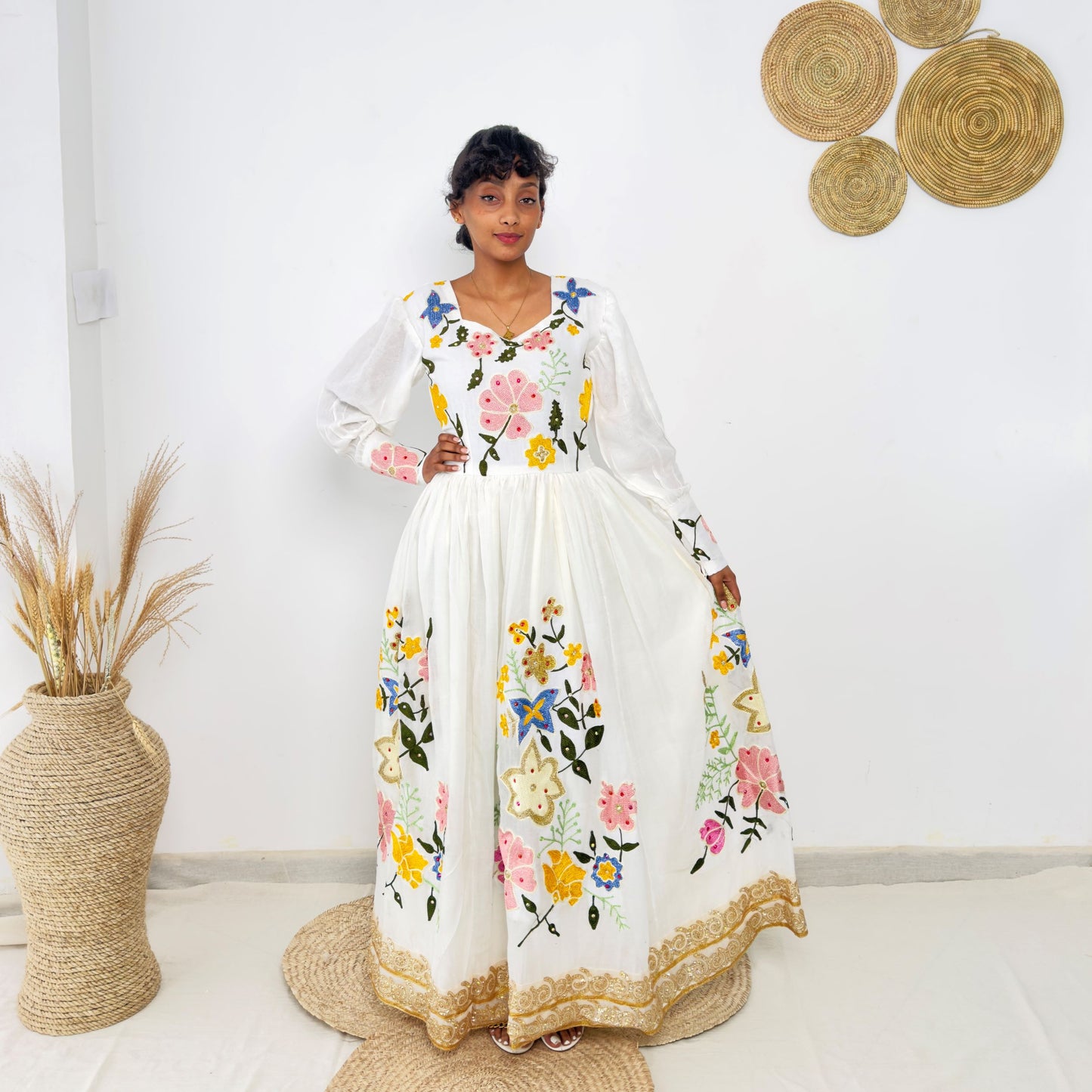 Traditional Ethiopian Habesha Dress | Handwoven Cotton | Floral Embroidery & Golden Tilet | Flowy Fit Hab237