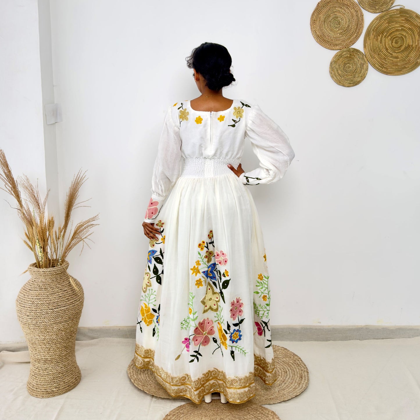 Traditional Ethiopian Habesha Dress | Handwoven Cotton | Floral Embroidery & Golden Tilet | Flowy Fit Hab237