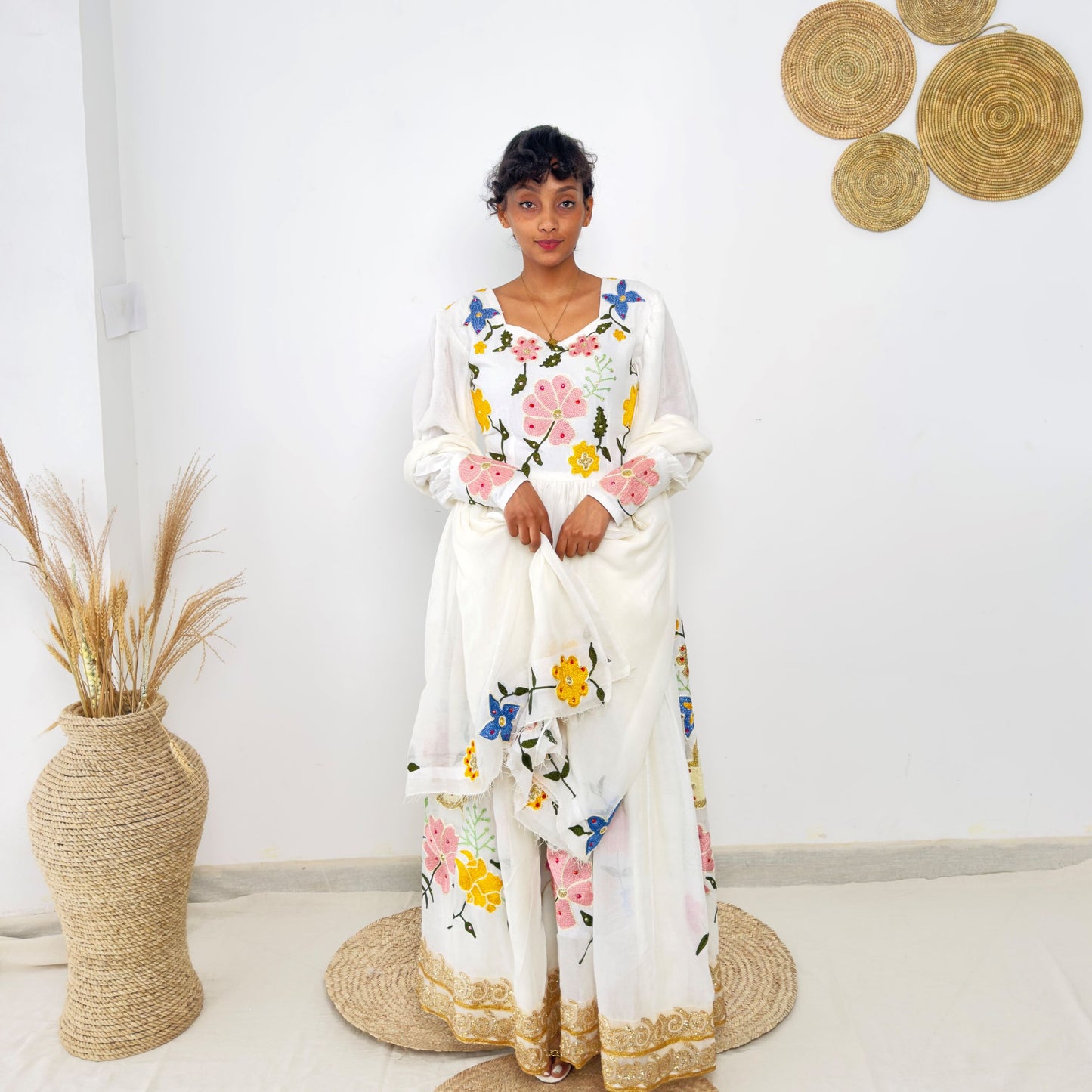 Traditional Ethiopian Habesha Dress | Handwoven Cotton | Floral Embroidery & Golden Tilet | Flowy Fit Hab237